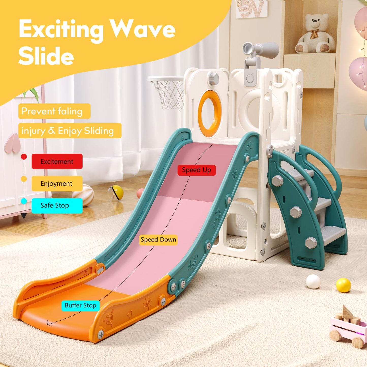 Baotree 6 in 1 Toddler Playset with Slide, Kids Slide with Basketball Hoop, Ball, Ring Toss, Indoor Outdoor Toys