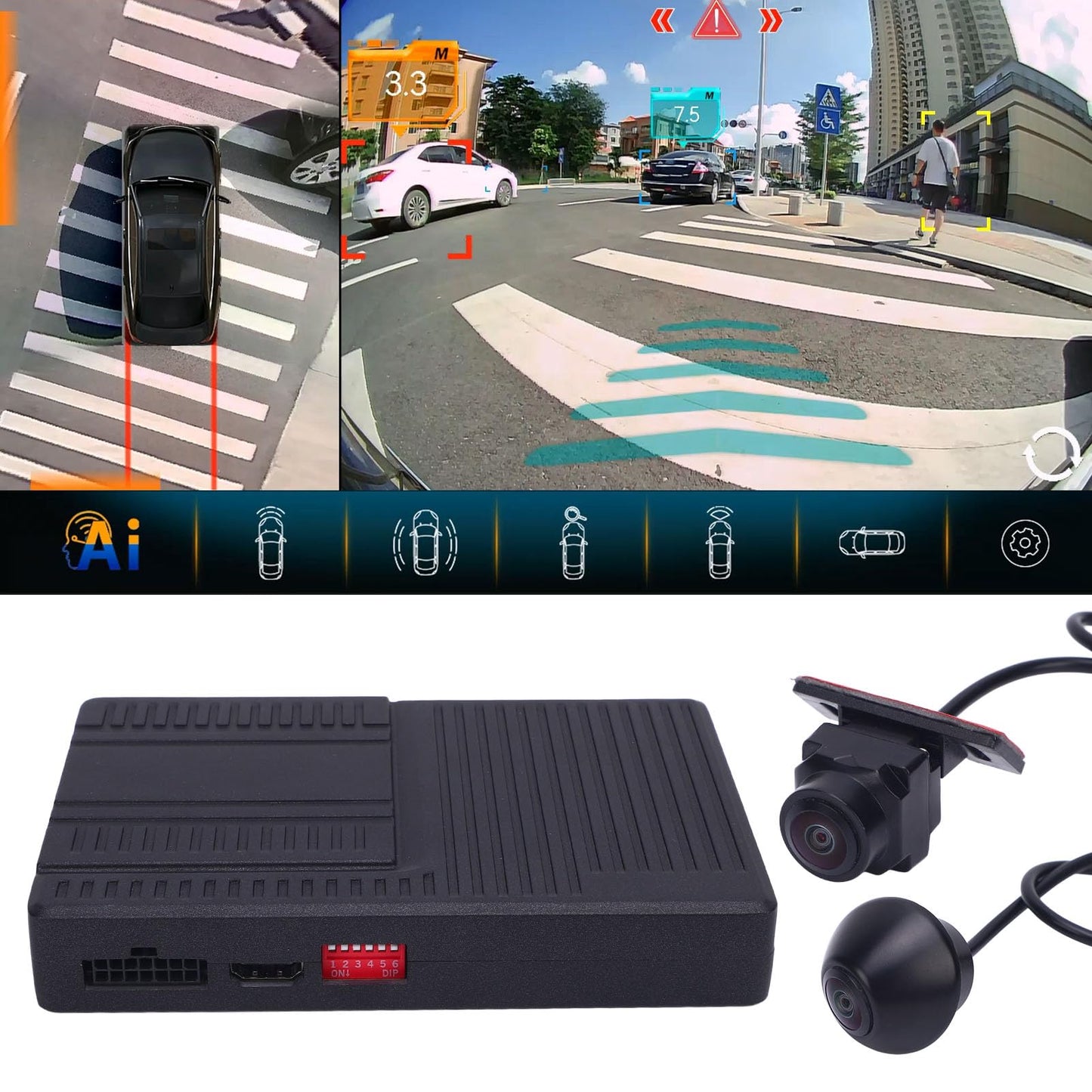 Round Rear View Camera System 360 Degree Panoramic Bird View Universal Fit for Most Cars with AI Detection and Recording