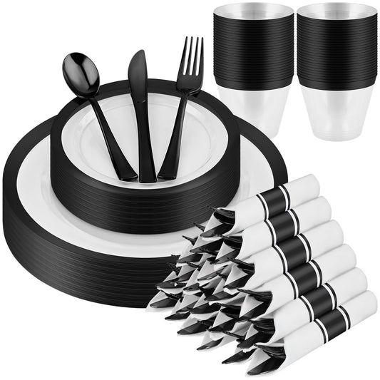 210 Pcs Black Plastic Dinnerware Set for 30 Guests - Includes 30set of Dinner Plates, Dessert Plates, Clear Plastic Cups, and Black Pre-Rolled Napkins with Cutlery Set, Disposable Party Supplies