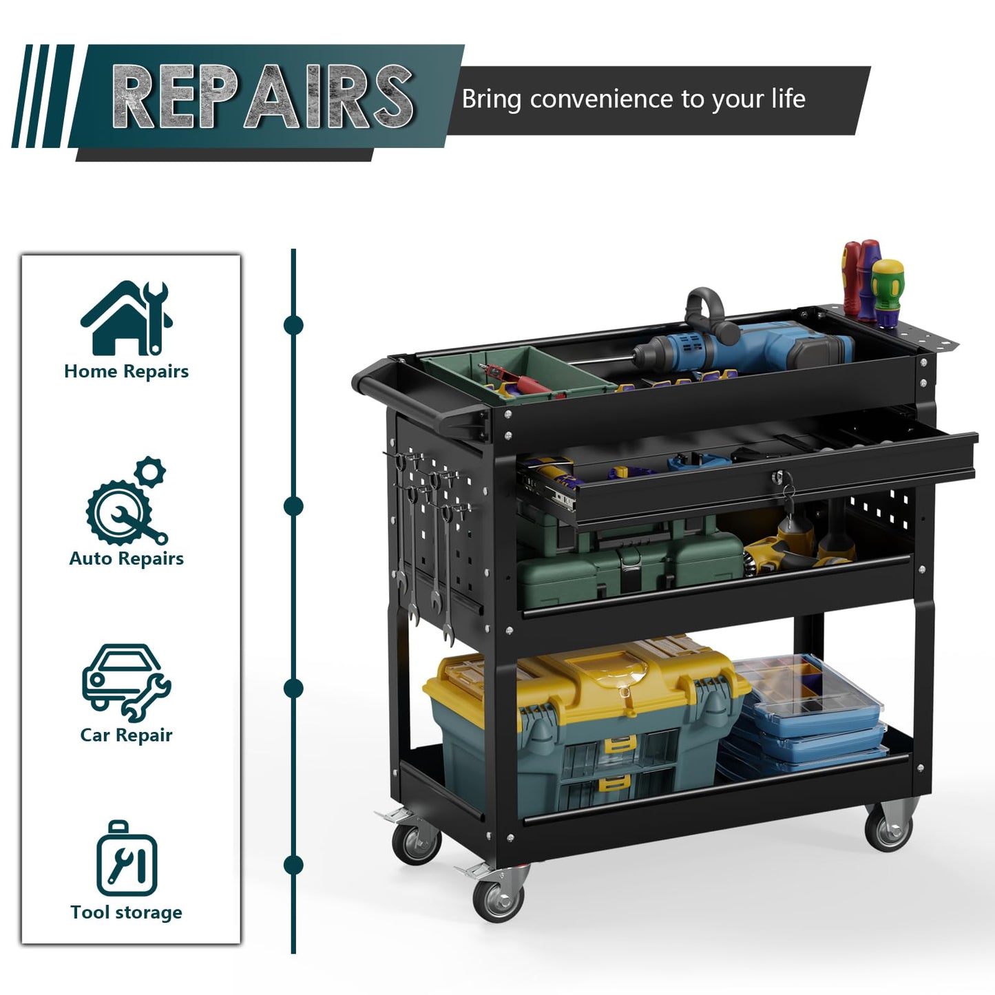 3 Tier Rolling Tool Cart on Wheels with Locking Drawer - Metal Service Cart Industrial Utility Cart for Mechanic - 350 LBS Mobile Storage Organizer for Garage, (Black)