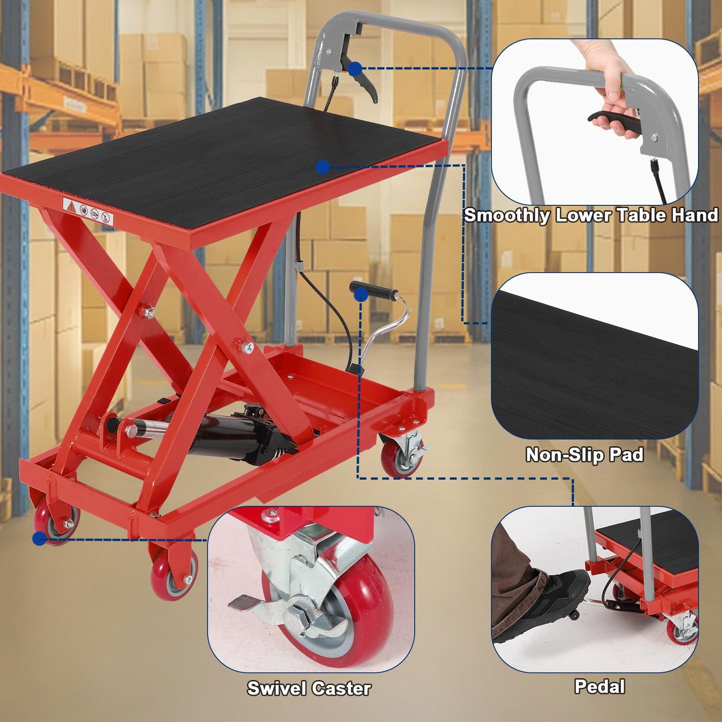 Hydraulic Lift Table Cart, 1100 LB Capacity, 32 in Lifting Height, Manual Single Scissor Lift Cart with Non Slip Platform & Wheels, Heavy Duty Lifting Table for Warehouse Shop, Red