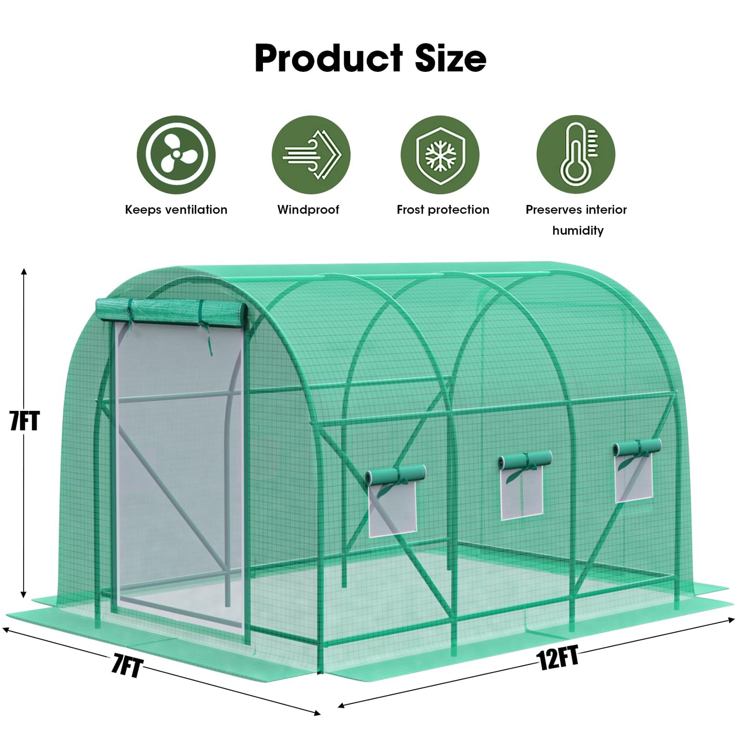 Grezone Walk-in Greenhouse Upgraded Green House with Zippered Screen Doors & 6 Screen Windows Heavy Duty Plastic Plant Warm House with Reinforced Frame (12x7x7 FT)