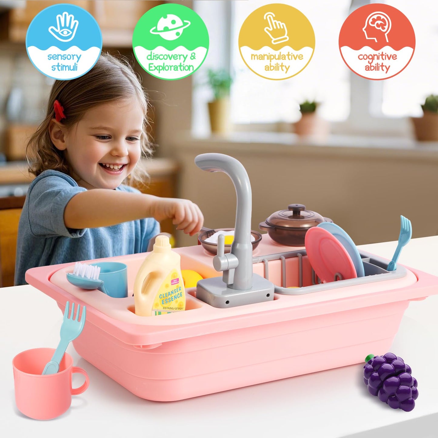 Asweets Color Changing Kitchen Sink Toys, Toddler Sink Toys with Running Water, Pretend Play Toys with Upgraded Faucet, Automatic Water Cycle System (Pink)