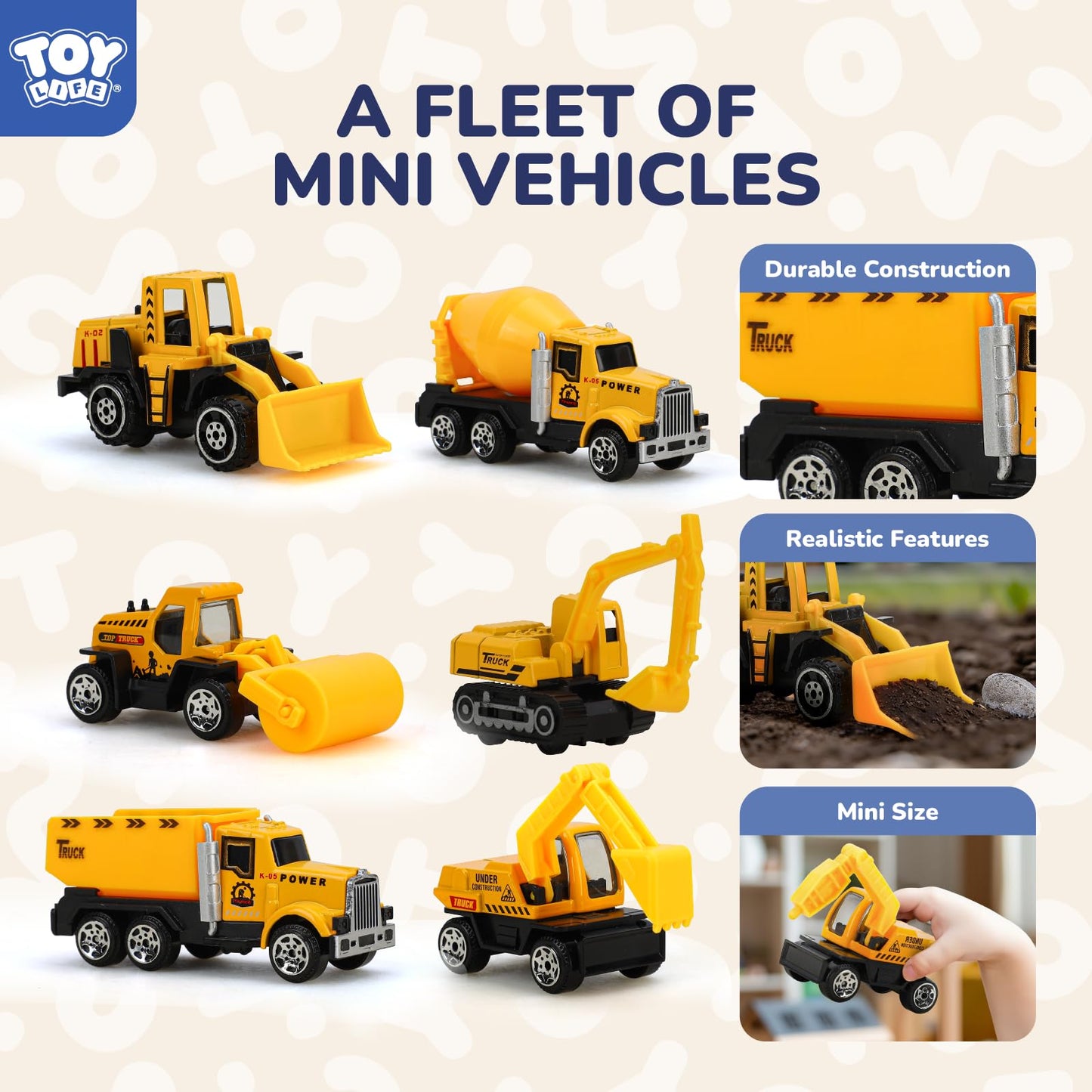 TOY Life 35 PCS Construction Toys, 12 Mini Construction Vehicles with Accessories, Excavator Bulldozer Dump Truck Playset, Sandbox Toys and Cake Toppers for Kids Ages 3-8