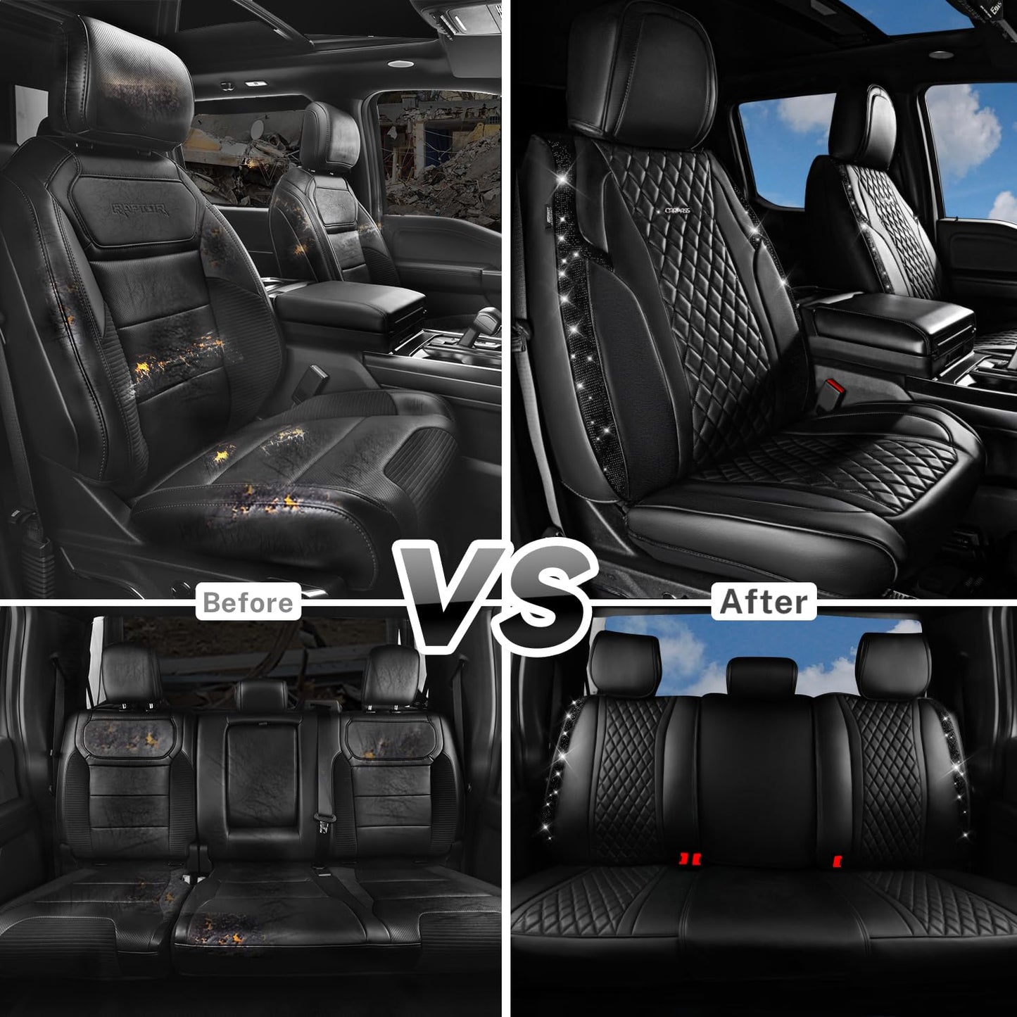CAR Pass Bling Car Seat Covers, Microfiber Nappa Leather Luxury Cushioned, Waterproof Heavy-Duty Anti-Slip Universal Fit for Auto SUV Sedan, Sparkly Glitter Shining Rhinestone Full Set, Black Diamond