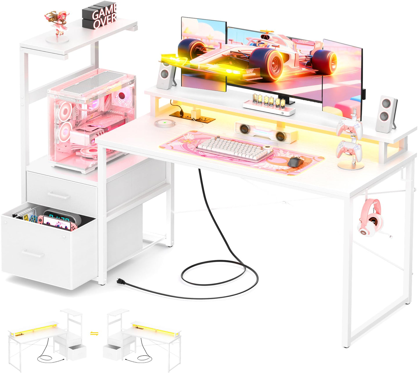 Aheaplus Gaming Desk with LED Strip & Power Outlet, 59Inch Reversible Computer Desk with Monitor Stand & Storage Shelves, Home Office Desks with Fabric File Drawer, Gamer Table PC Desk, White