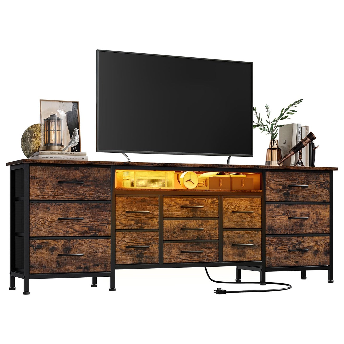 LED TV Stands for Living Room, 70 Inch Dresser TV Stand for 65, 75, 80 Inch TV,TV Stand with Storage, Entertainment Center with Power Outlets, 13 Drawer Fabric Dresser for Living Room, Bedroom