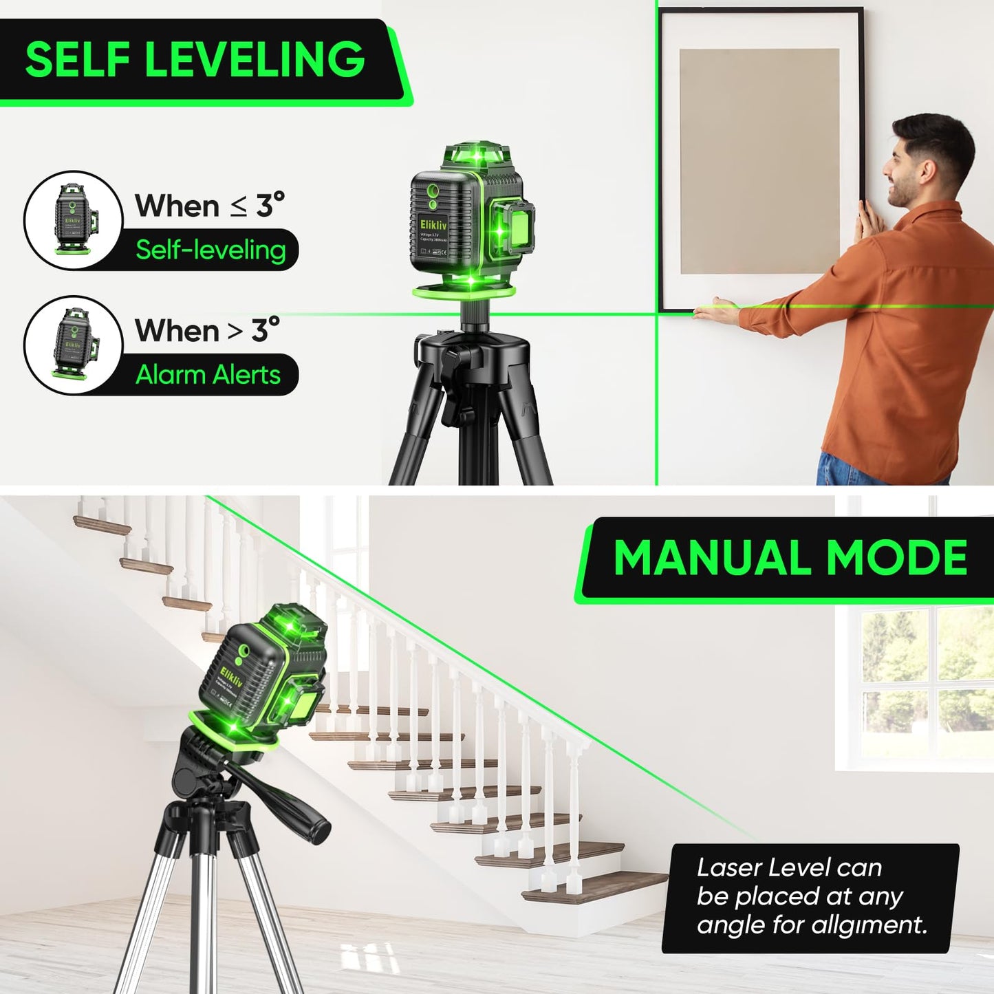 Laser Level 360 Self Leveling with Tripod, Elikliv 4D Laser Level, 165Ft Green Laser Level Lines Tool, 4x360° Cross Line Laser for Construction, Picture Hanging, Floor Tile, Renovation