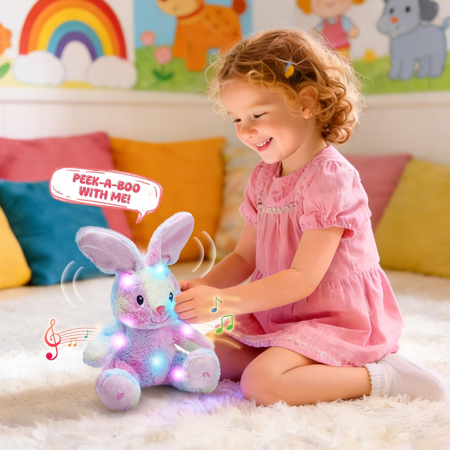 Glow Guards 10'' Light up Peek-a-Boo Bunny Stuffed Animal, Singing Rainbow Bunny Stuffed Toy, Animated Interactive Rabbit Plush Toys Easter Birthday Gifts for Baby Toddlers Girls Boys