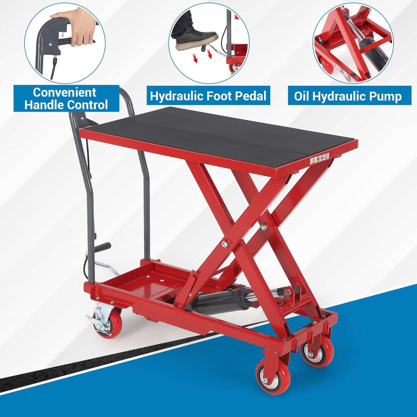 Hydraulic Lift Table Cart, 330lbs Capacity 28.5" Lifting Height Hydraulic Table Cart, Single Scissor Lift Table with Non-Slip Pad for Material Handling and Transportation, Red
