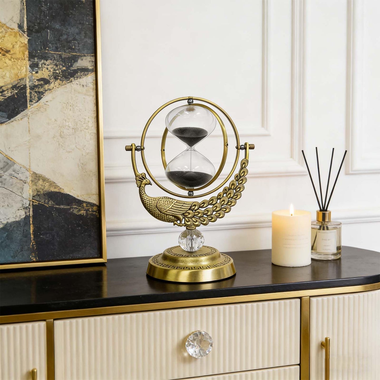 SuLiao Hourglass Sand Timer, 60 Minute Peacock Rotating Hour Glass, 60 Min Unique Black Sand Clock, Large 1 Hour Brass Sandglass, 1 hr Metal Decorative Reloj De Arena, Desk, Office, Home