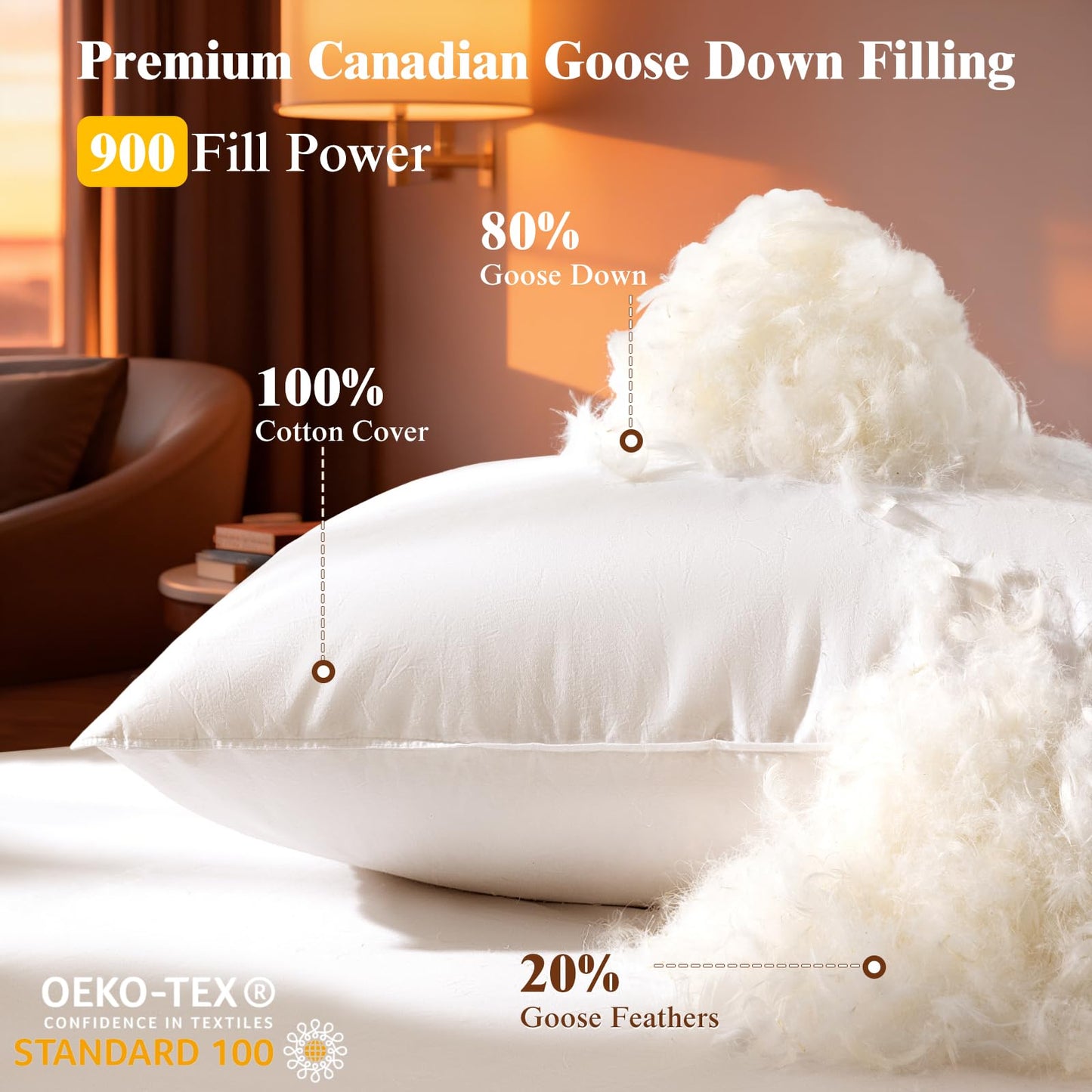 Luxury Canadian White Goose Down Pillow Queen Size Set of 2, 900+ Fill Power, 600 TC Cotton Shell, Soft Down Pillows for Sleeping, Hotel Collection Pillow for Neck Pain Relief (2 Pack, 20"x30")