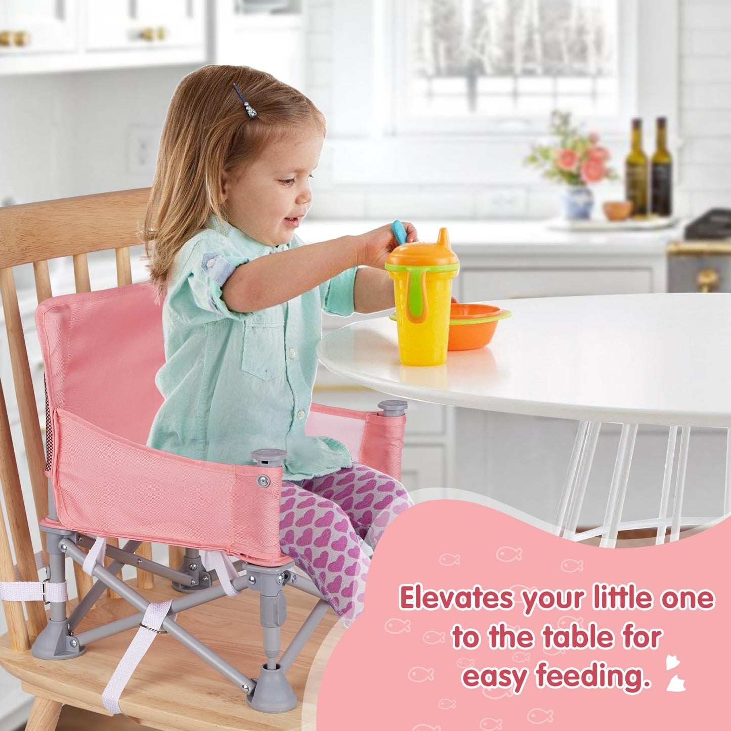 Furmubei Portable Baby Booster Seat with Tray, Toddler Booster seat for Dining, Camping, Travel, Baby Beach Chair 6 Months to 3 Years Old Indoor Outdoor Use Pink