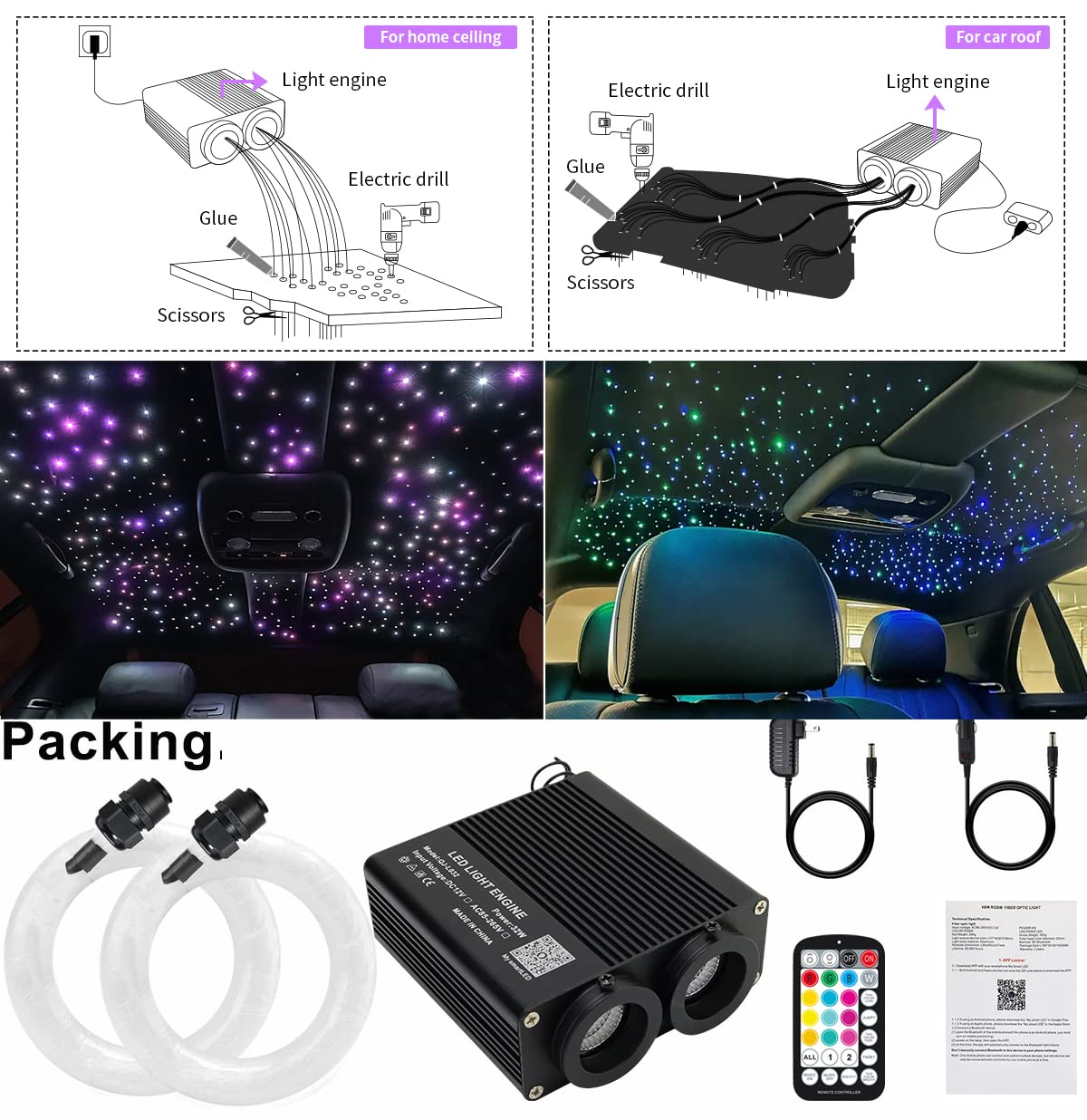 AZIMOM Dual Color 32W Sound-Activated Mix860pcs Fiber Optic Starlight Headliner Kits 13.1ft Fiber Strands APP/Bluetooth Remote Control Star Ceiling Car Home Roof Decor