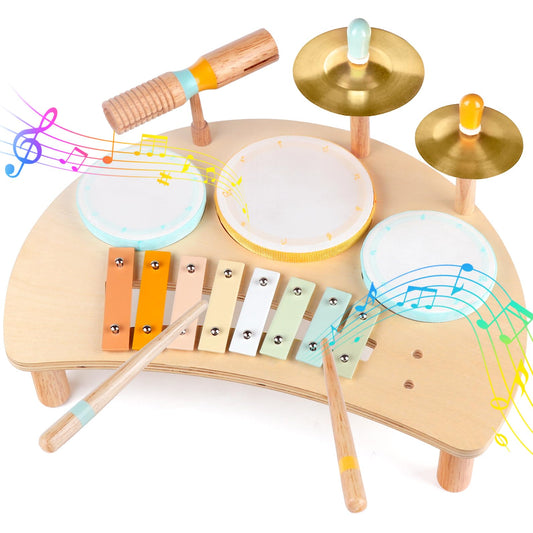 Kids Drum Set Montessori Musical Instruments for Toddlers 1-3, Wooden Baby Drum Kit with Xylophone, Preschool Music Toys for Early Learning, Educational Birthday Gift for Boys Girls (Multicolored)