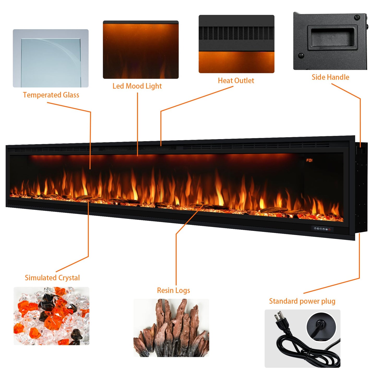Dreamflame 86 inch Electric Fireplace, Smart Fireplace Insert recessed in Wall and Wall Mounted fire Place Heater with Metal Frame, Multicolor Flame & Realistic logs，Thermostat& Timer, 1500W, Black