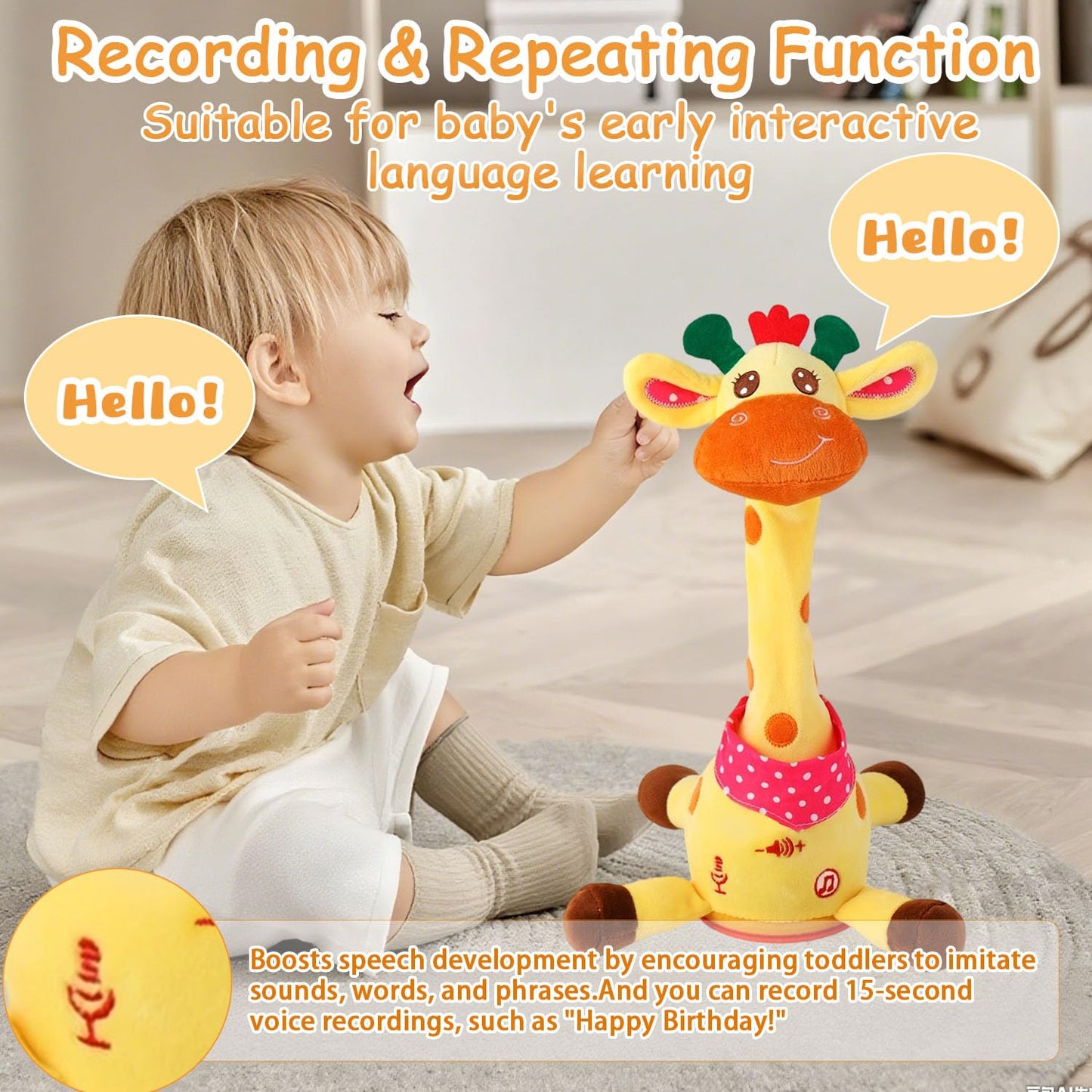 MILEGI Dancing Talking Giraffe Toy, Singing Musical Giraffe Plush Tummy Time Toys with Volume Adjustment, 10 Children's Songs Light Up Toys, Repeating What You Say, Baby Toys for Boys Girls