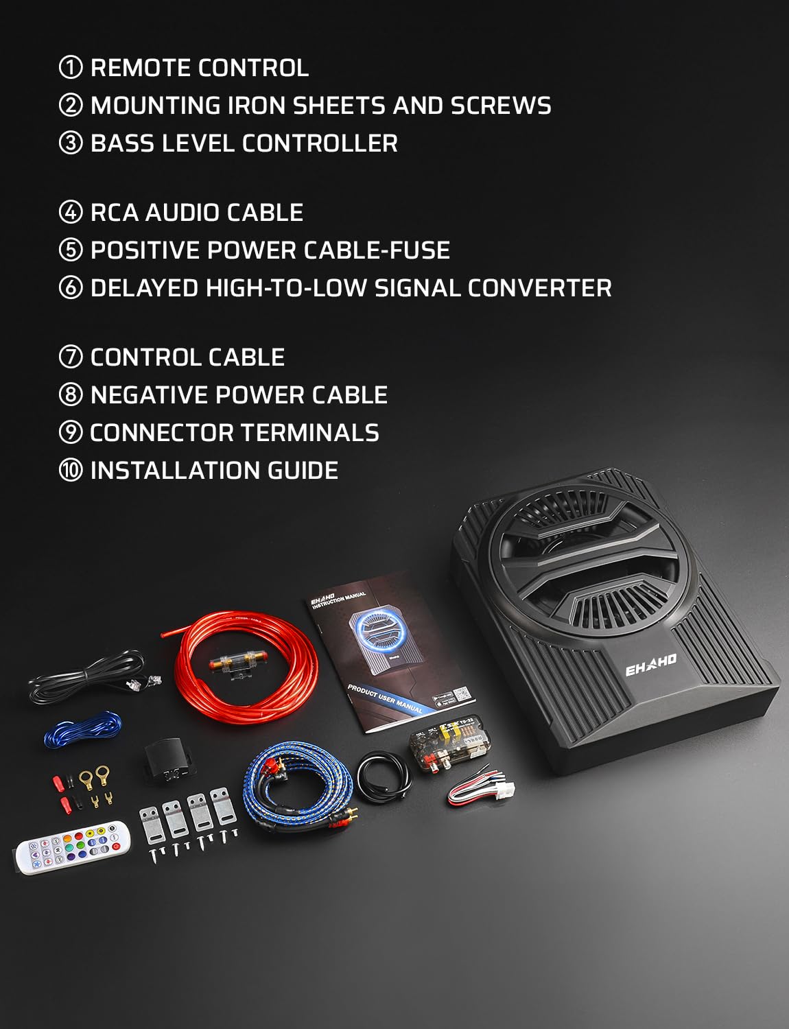 Ehaho 10" 1600W Slim Under Seat Car Subwoofer with Amp, Class D MOSFET Amp & RGB Light, APP/Remote Control, Music Sync Bass & Rainbow Chasing Effects, Independent Low-Pass Filter/Gain/Bass Boost