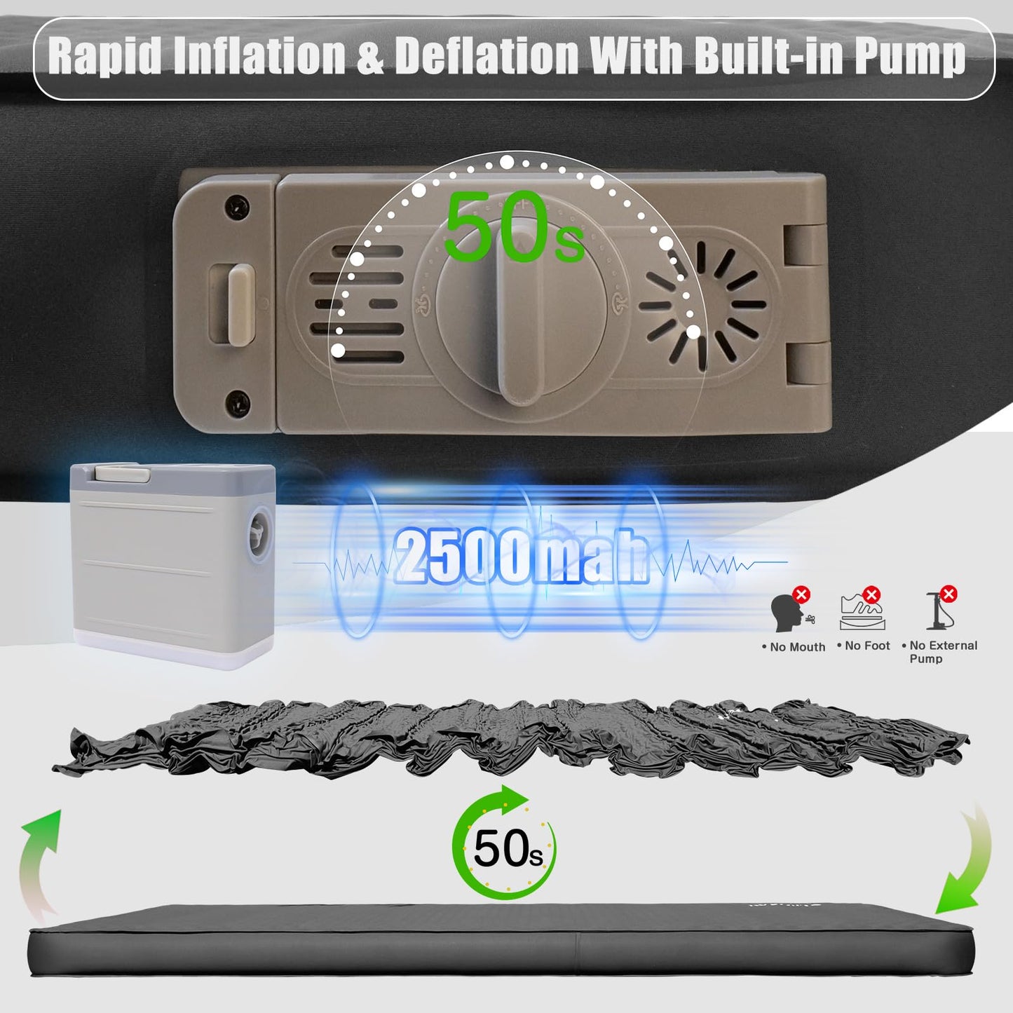 NYECHTO Self Inflating Sleeping Pad for Camping, 4" Extra-Thick Memory Foam Camping Mattress with Electric Pump, Fast Inflate & Deflate, 9.5 R-Value Insulated Camping Pad for Car Travel Tent Cot, Grey