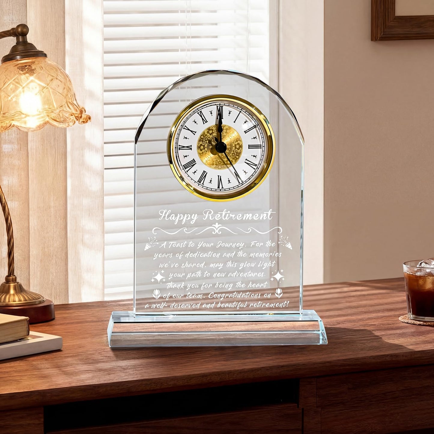 Retirement Gifts for Women Men, Personalized Alarm Clock with Warm Night Light, Decorative Commemorative Keepsake for Retired Coworker, Boss, Teacher, Friends, Happy Retirement Table Decor (Glass)