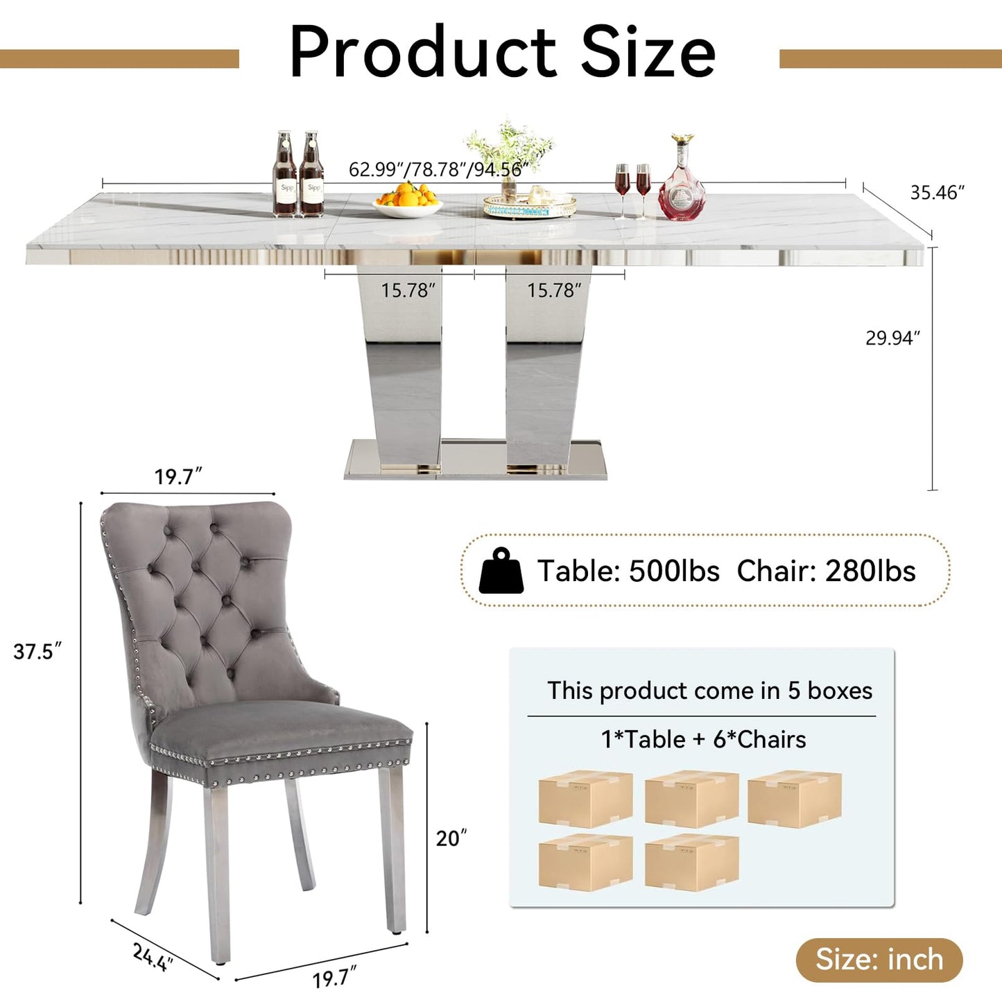 7-Piece Faux Marble Dining Table Set for 6, 63-94.5" Large Extendable Kitchen Table Set with 6 Grey Tufted Chairs, Modern Expandable Dining Room Table for 6 8 10 with Mirrored Double Column Base