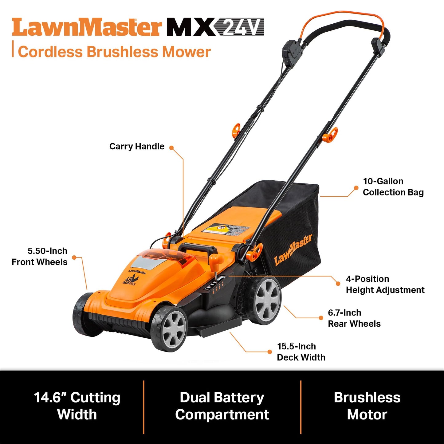 LawnMaster CLMF4815E 48V MAX 15-inch Brushless Cordless Lawn Mower with 2X24V MAX 4.0Ah Battery and a Dual Charger