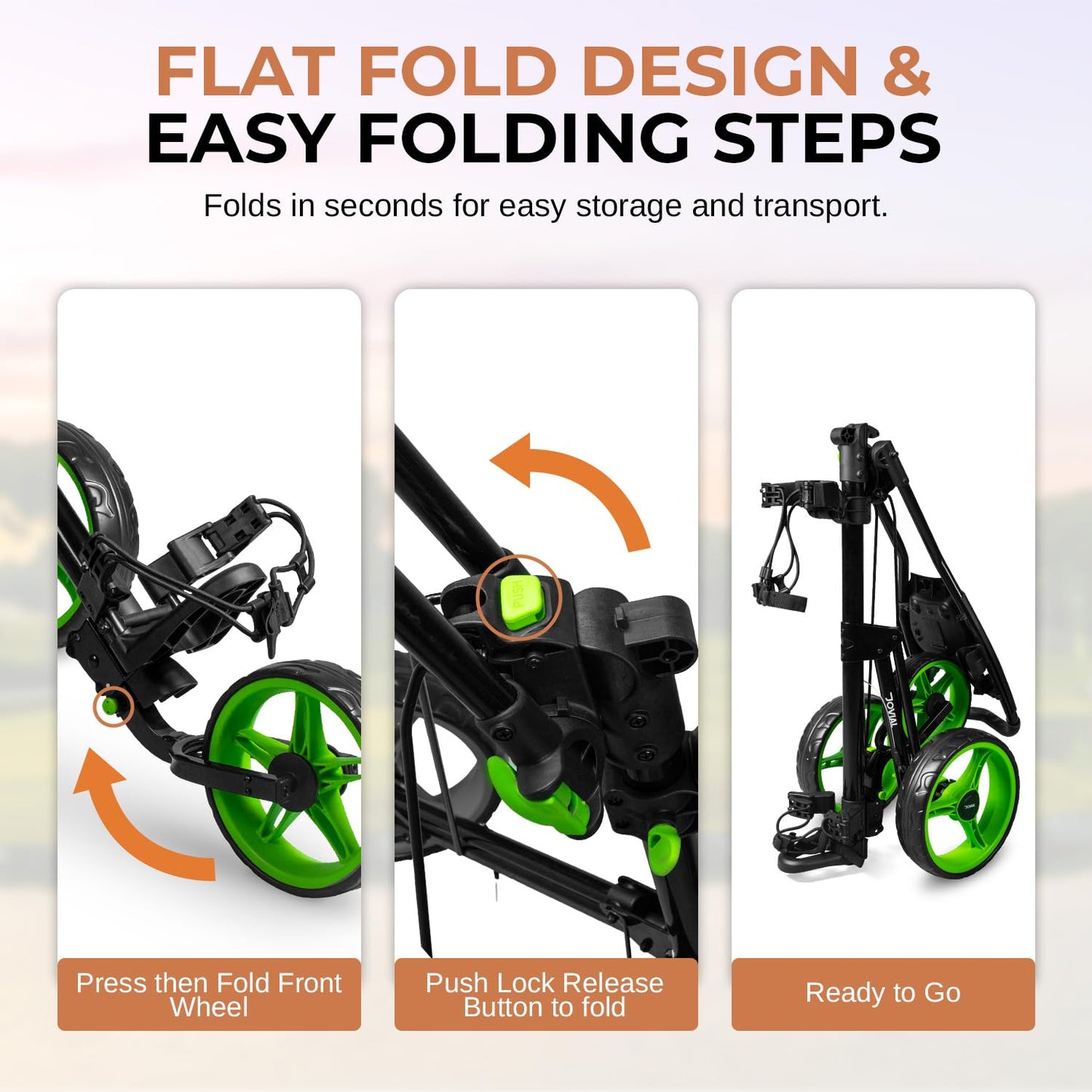JOVIAL Junior 3-Wheel Golf Push Pull Cart – Lightweight Foldable Aluminum Frame with Deluxe Scorecard Holder, Padded Adjustable Handle, Bag Holder Straps, Quick Braking System & Compact Storage