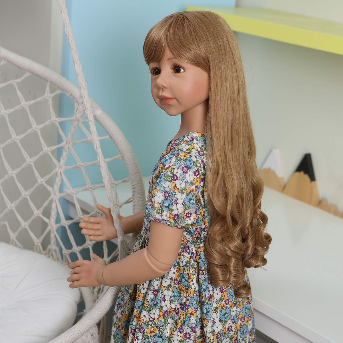 47inch Reborn Toddler Doll,Huge Baby Full Body Hard Vinyl Smile Girls Real Child Realistic Newborn Toddler Dolls Girl Age 4 Dress Model Brown Hair Girl Collectible Floral Dress