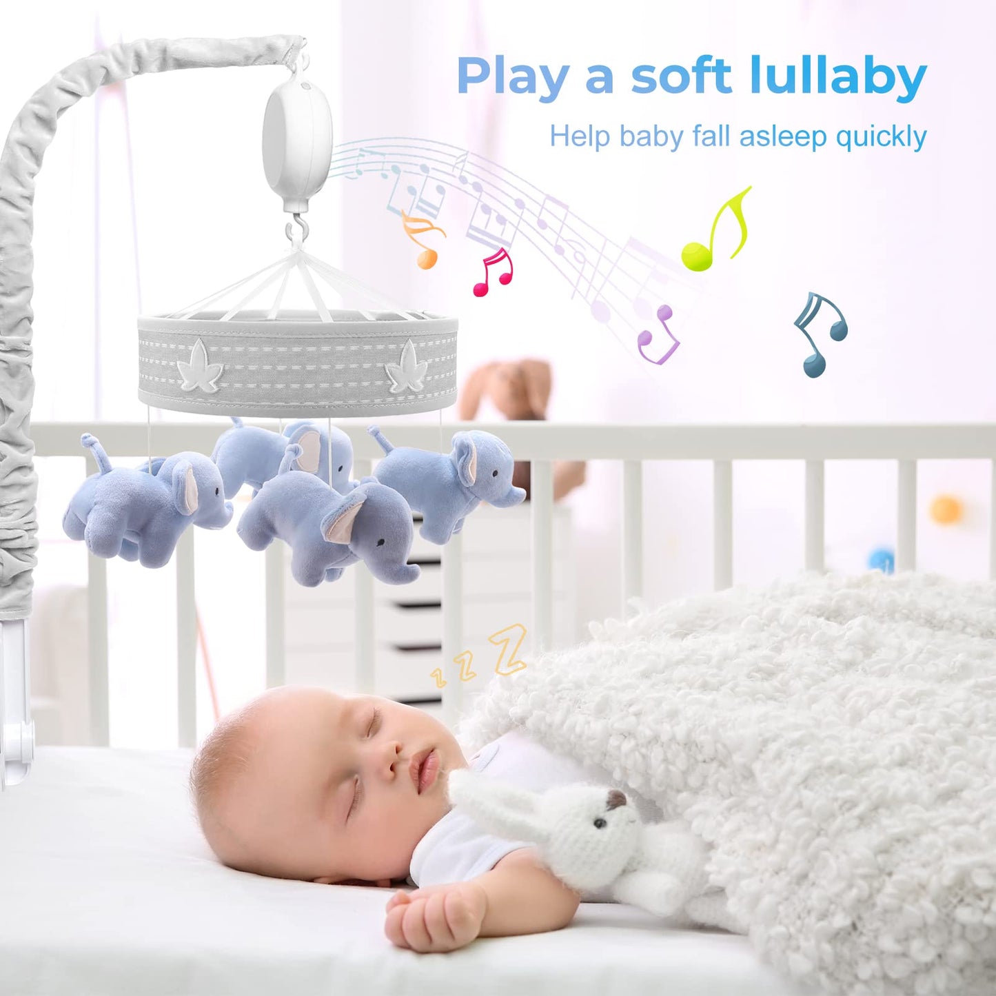 YUNGCHI Baby Mobile for Crib Nursery Musical Mobiles for Girls Toys for Baby Crib Carousel Mobile Boy Mobile for Pack and Play Elephant Parade Crib Decoration Clip on Mobile for Bassinet