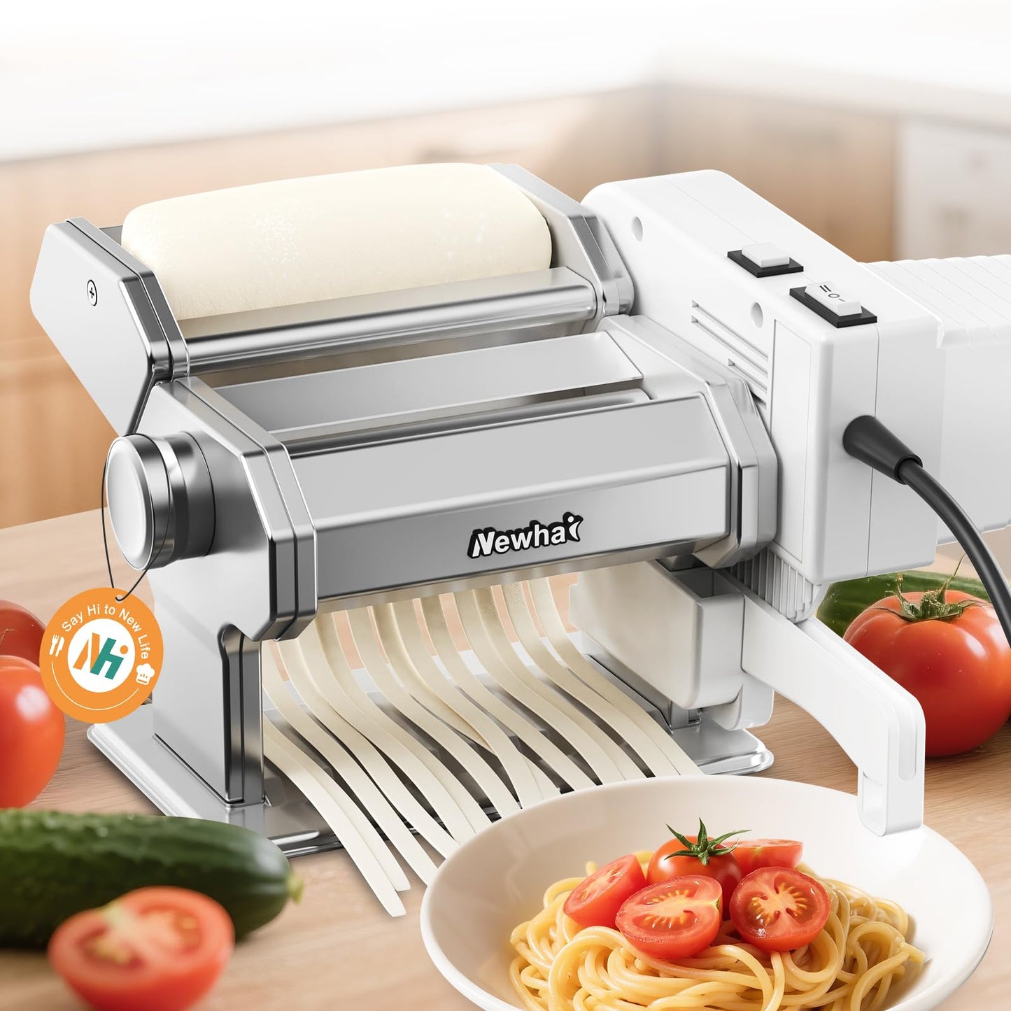 Newhai Electric Pasta Maker QM-1 Ramen Noodle Machine Adjustable Thickness (0.2-0.5mm) Pasta Roller & Cutter 1.5mm Spaghetti 6mm Wide Noodle Manual & Motorized for Home Kitchen Use