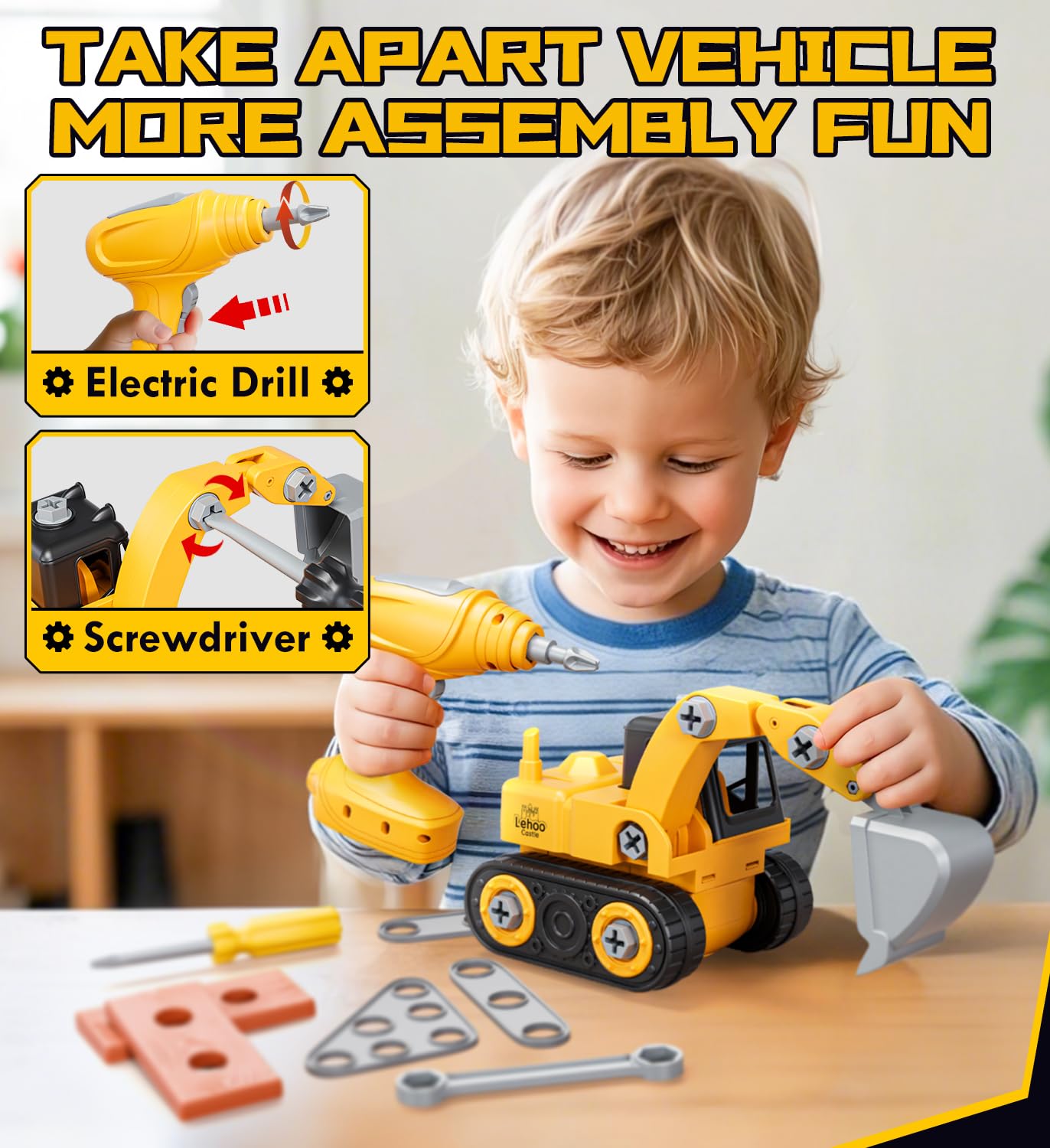 Lehoo Castle Kids Tool Set with Electric Toy Drill and Tool Box, Construction Toys for 3 Year Old Boys Birthday Gift, Pretend Play Toddler Tools for 3-5 Years Old (Yellow)