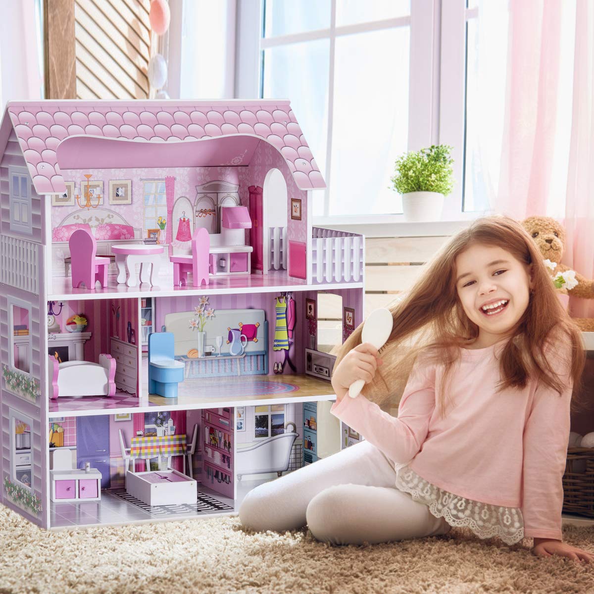 Honey Joy 3-Level Wooden Dollhouse with 8 Pcs Furniture, Pretend Play Kids Doll's House, Princess Mini Toy Playset, Gift for Little Girls (Pink, 2.5FT)