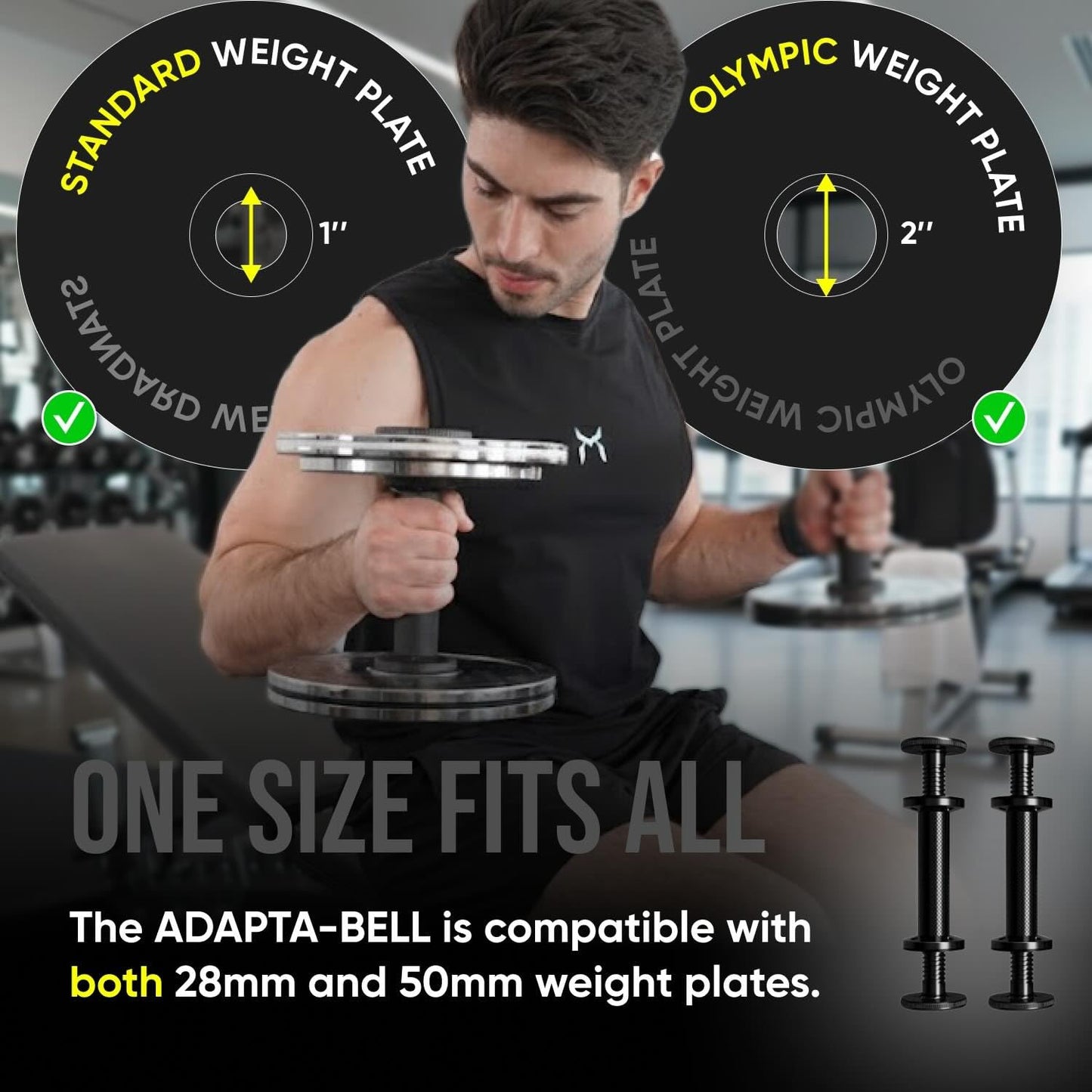 Kensui AdaptaBELL MAX – Heavy-Duty Adjustable Dumbbell Handles (Pair) – All-Metal Construction, Supports 300+ lbs – Compatible with 1” Standard & 2” Olympic Weight Plates – No-Overhang Design for Home Gym & Travel