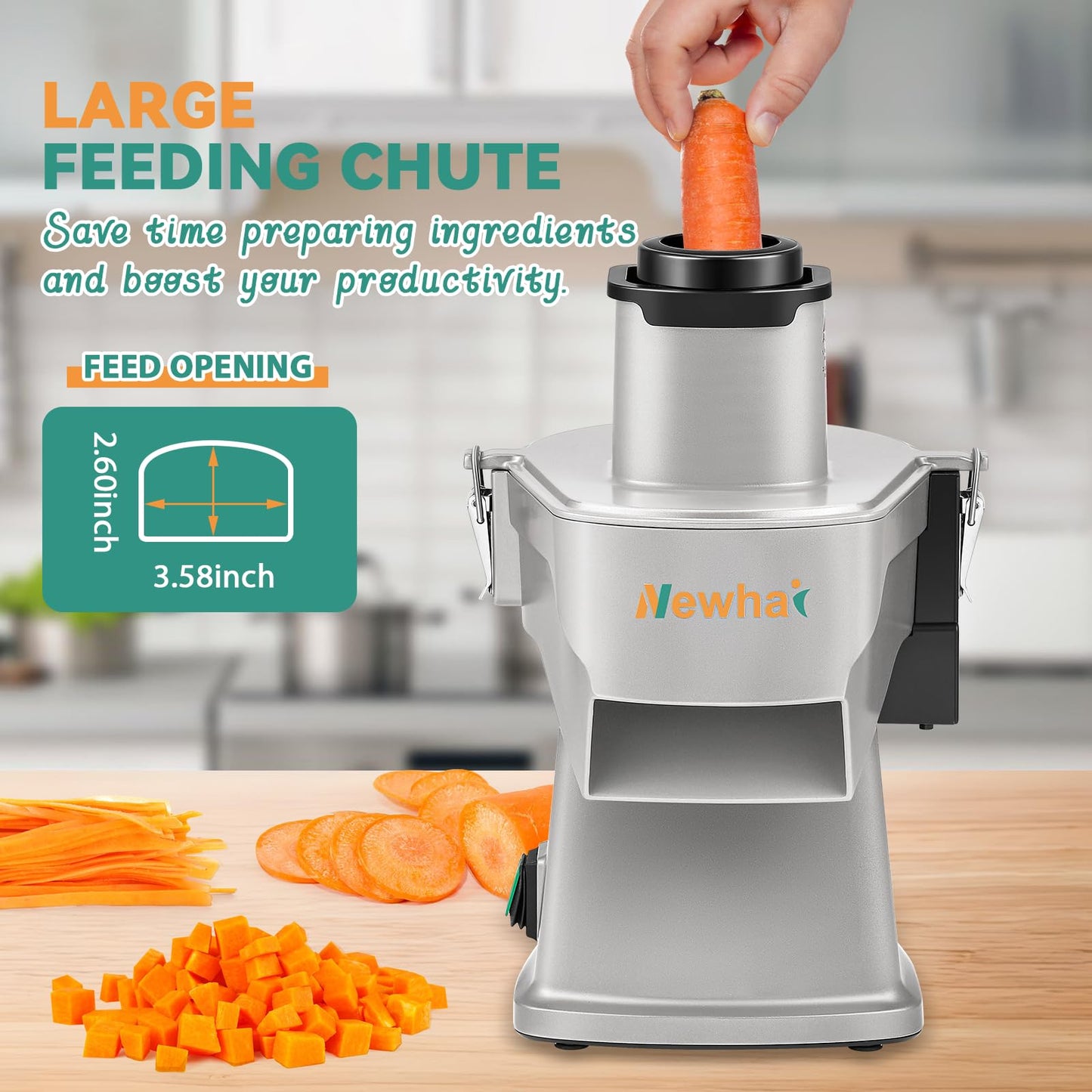 Newhai 4 in 1 Commercial Vegetable Chopper Multifunctional Automatic Dicer Slicer Shredder Strip Cutter for Onion Potato Cabbage Veggie & Fruit Processor with Multi Blades 200W 110V