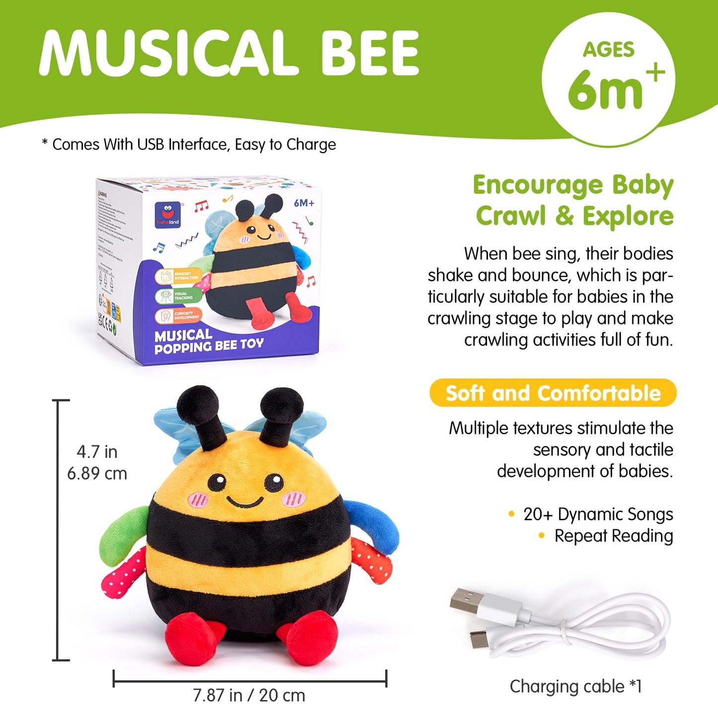 hahaland Baby Toy for 6 + 12 18 Months – Crawling Musical Dancing Bouncing Learning Bee Plush, Interactive Tummy Time Toy for 1 2 3 Year Old Boys Girls Birthday Gifts