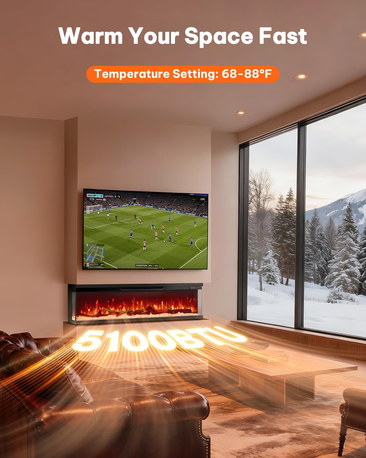 Silonn 3-Sided Smart 50" Electric Fireplace, Alexa & App Control Fireplace with 15 Flame Colors, Electric Fireplace Inserts Logs, 5110 BTU Heat Output, Realistic Flame and Sound
