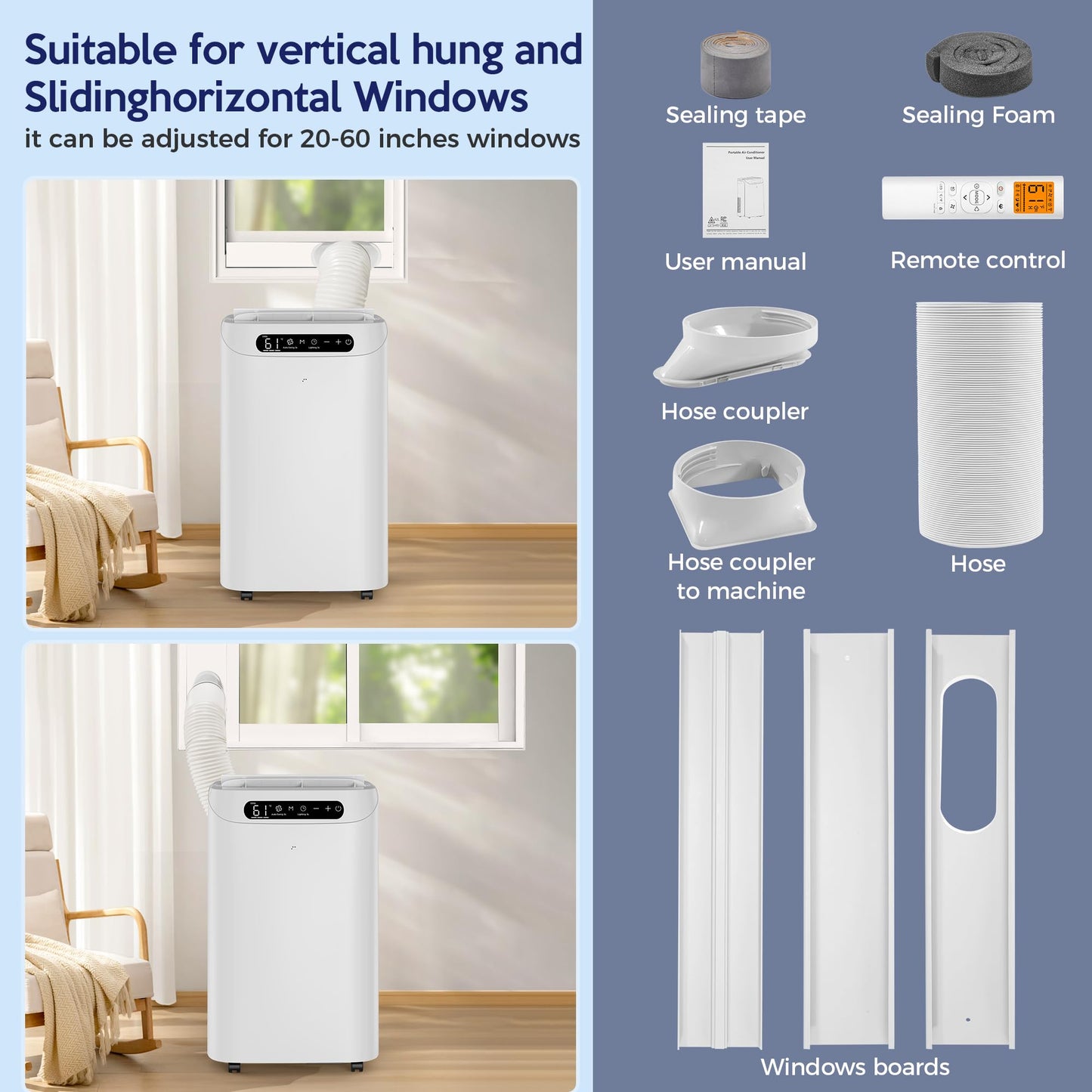 Humhold 14000 BTU Portable Air Conditioners, Remote Control, 3 in 1 Free Stand Smart Cooling Portable AC Unit with Dehumidifier, Fan, Cools Room up to 700 sq.ft, 24H Timer, Windows Sealing Kit