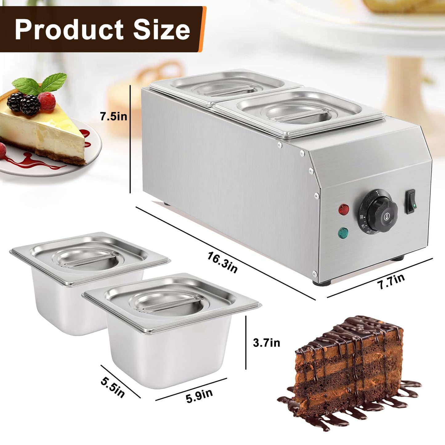 9 Lbs 2 Tanks Chocolate Tempering Machine Chocolate Melter, Chocolate Melting Pot with TEMP Control 86~185℉, 1000W Stainless Steel Electric Commercial Chocolate Warmer and Melter