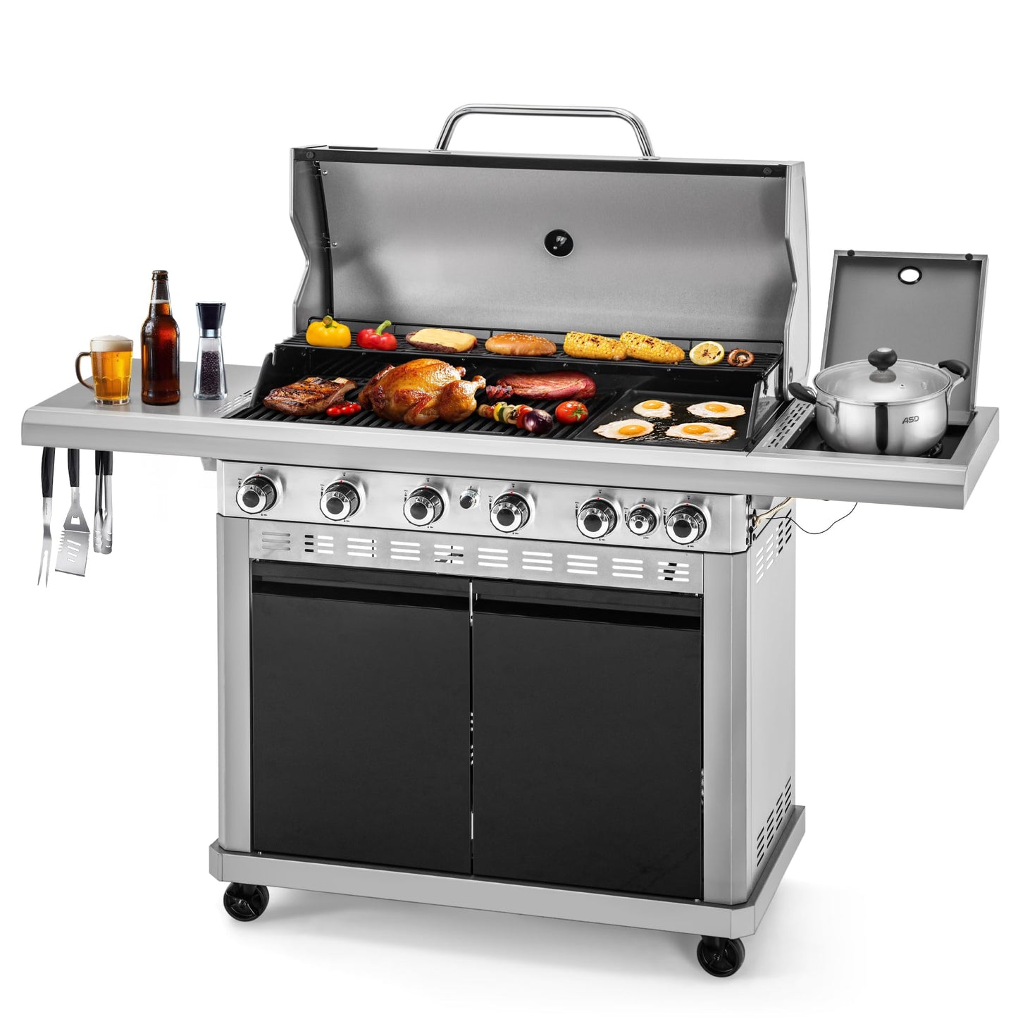 MFSTUDIO 6 Burner BBQ Propane Gas Grill with Side Burner & Porcelain-Enameled Cast Iron Grates, Grill Griddle Combo for Outdoor Barbecue, 740 SQ.IN. Large Cooking Area