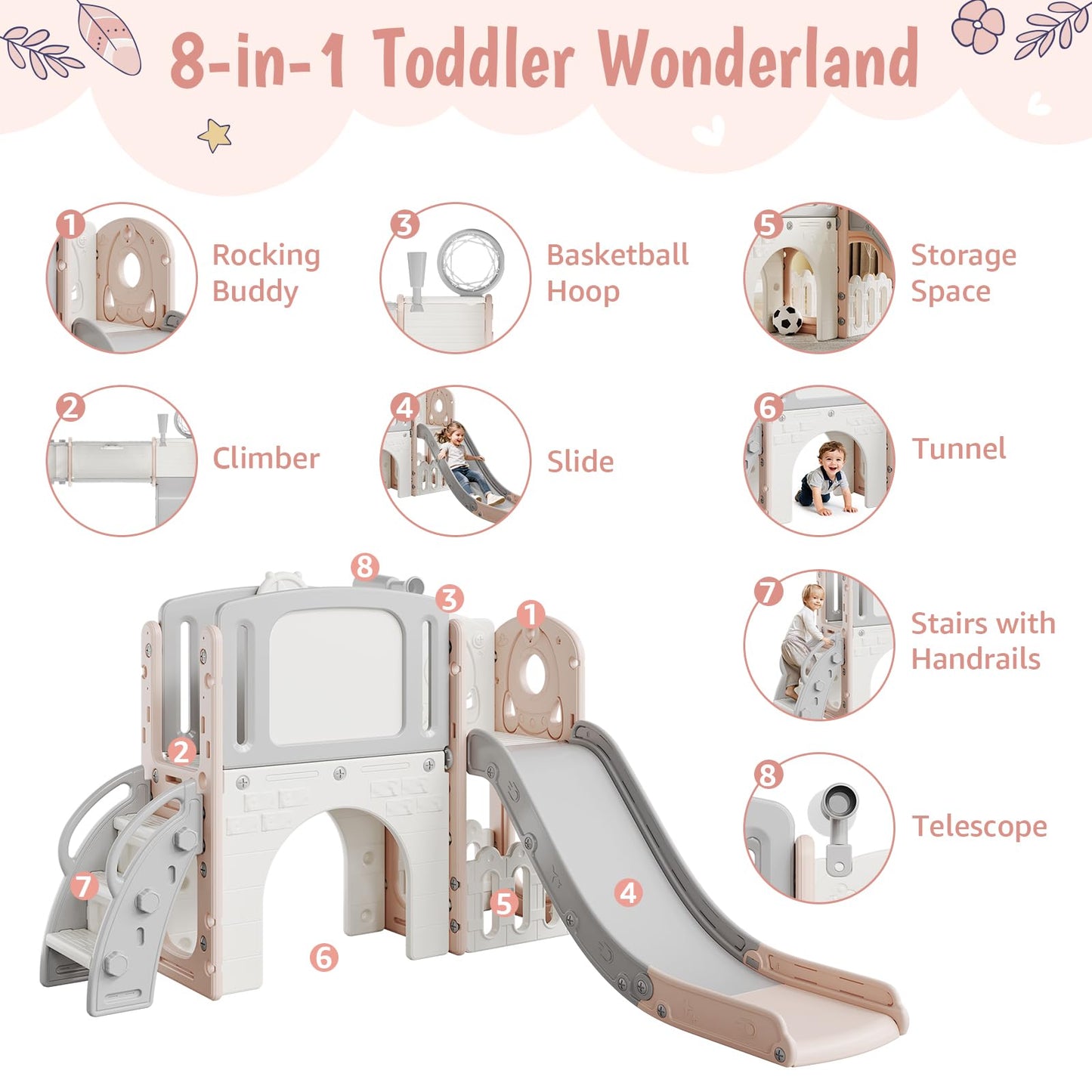 8-in-1 Toddler Slide Set with Climbing Ladder, Tunnel, Telescope & Basketball Hoop, Indoor Outdoor Playground Climber with Drawing Board & Storage, Kids Play Toy for Toddlers Age 1-3,Light Pink