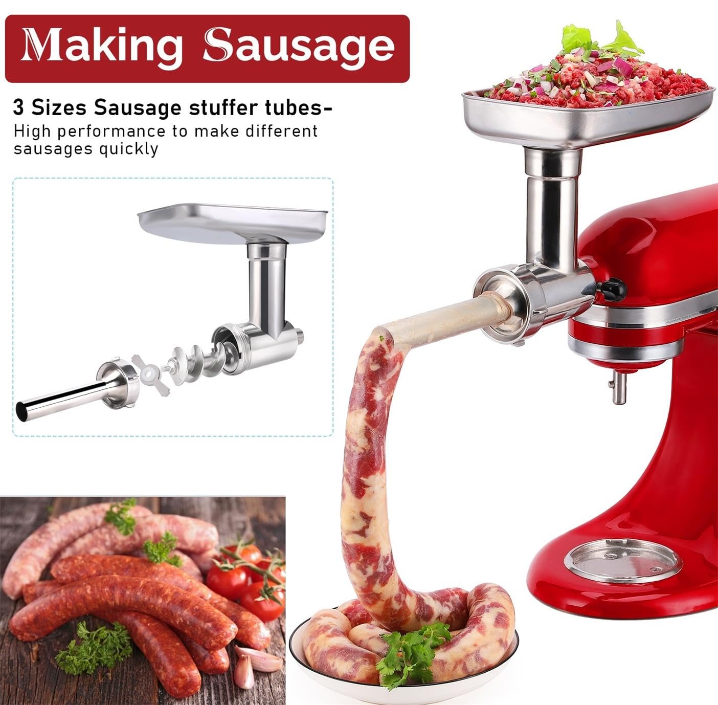 FavorKit Stainless Steel Food Grinder Attachment for KitchenAid Mixers, Dishwasher Safe Meat Processor Aceesory Included 3 Sausage Stuffer Tubes