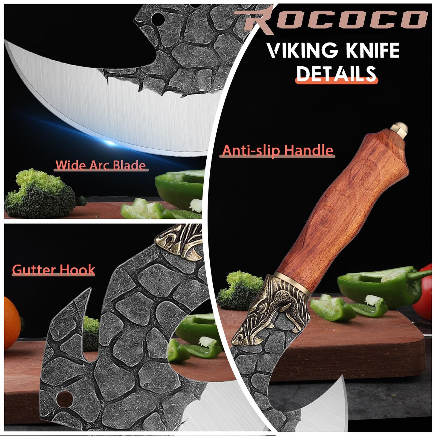 ROCOCO Viking Cleaver Knife Butcher Meat Cutting Boning Knife Hand Forged Chinese Kitchen Axe with Sheath Home Outdoor BBQ Camping Chirstmas Birthday Chirstmas Mother Father Gift Men