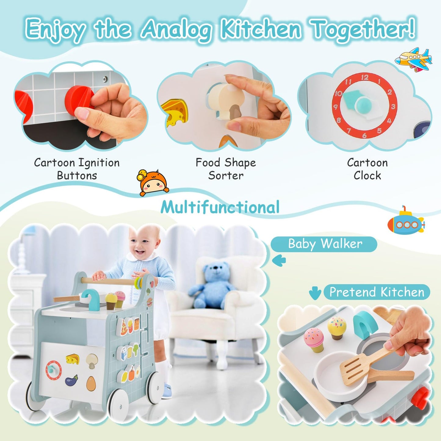 BABY JOY 6 in 1 Wooden Baby Walker, Toddler Pretend Play Kitchen Playset, Push and Pull Sit-to-Stand Learning Walker Activity Center, Montessori Educational Toy, Push Walker for Boys Girls