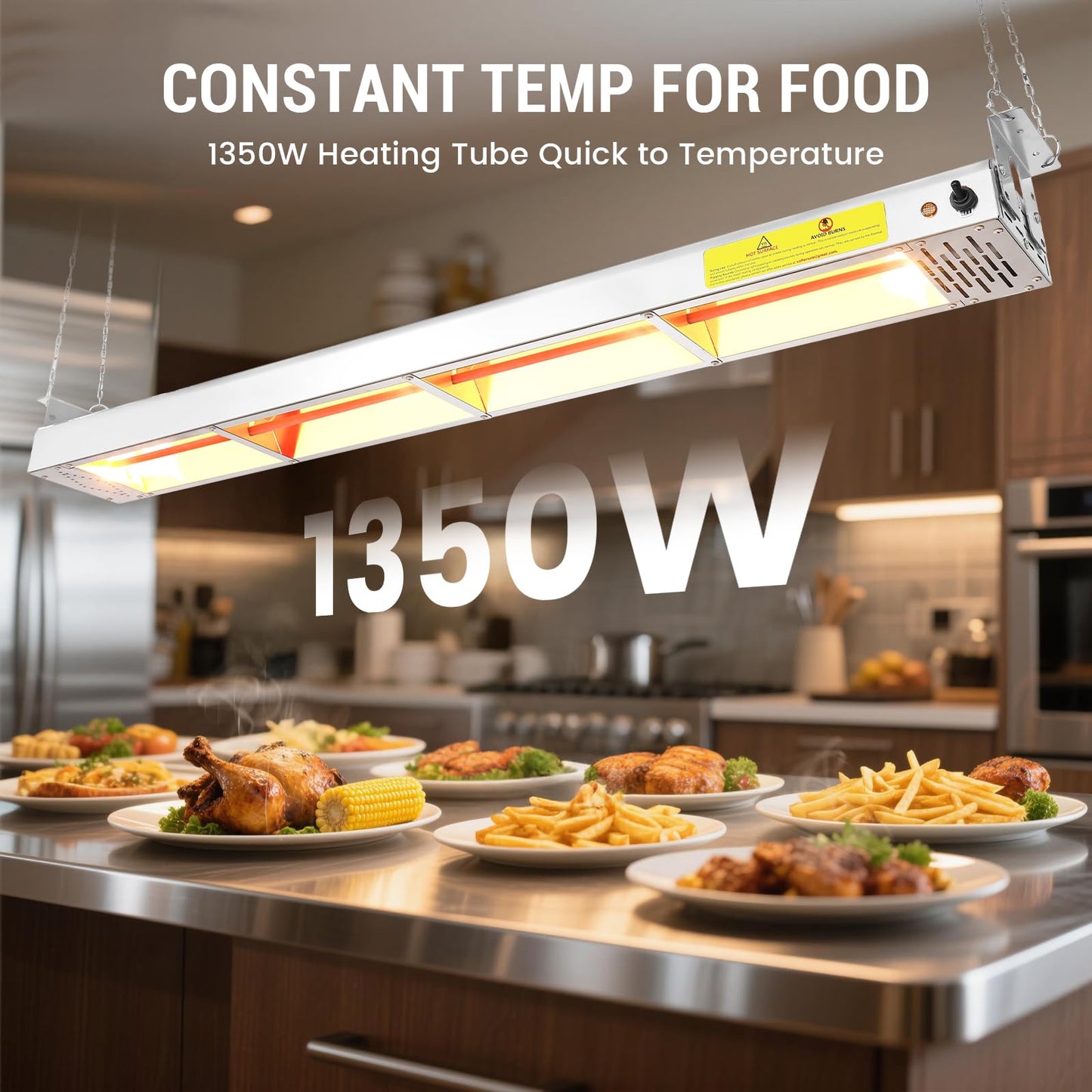 Hiteemer 48-Inch Food Heat Lamp - 1350W Commercial Food Warmer Lamp Overhead Stainless Steel Catering Heat Lamps Electric Strip Heater for Restaurant Buffet Parties Kitchen, Silver 115V