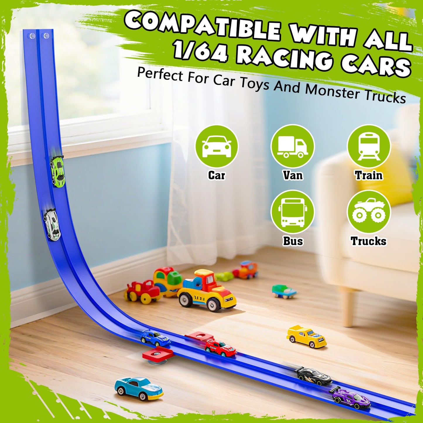 Wupuaait Flexible Race Car Track for Kids, 15Ft Race Track Toy with 4 Cars and Suction Cups, Rolls Up Portable Racetrack Compatible with All 1:64 Cars Toys, Birthday Gifts Toys for Boys Girls