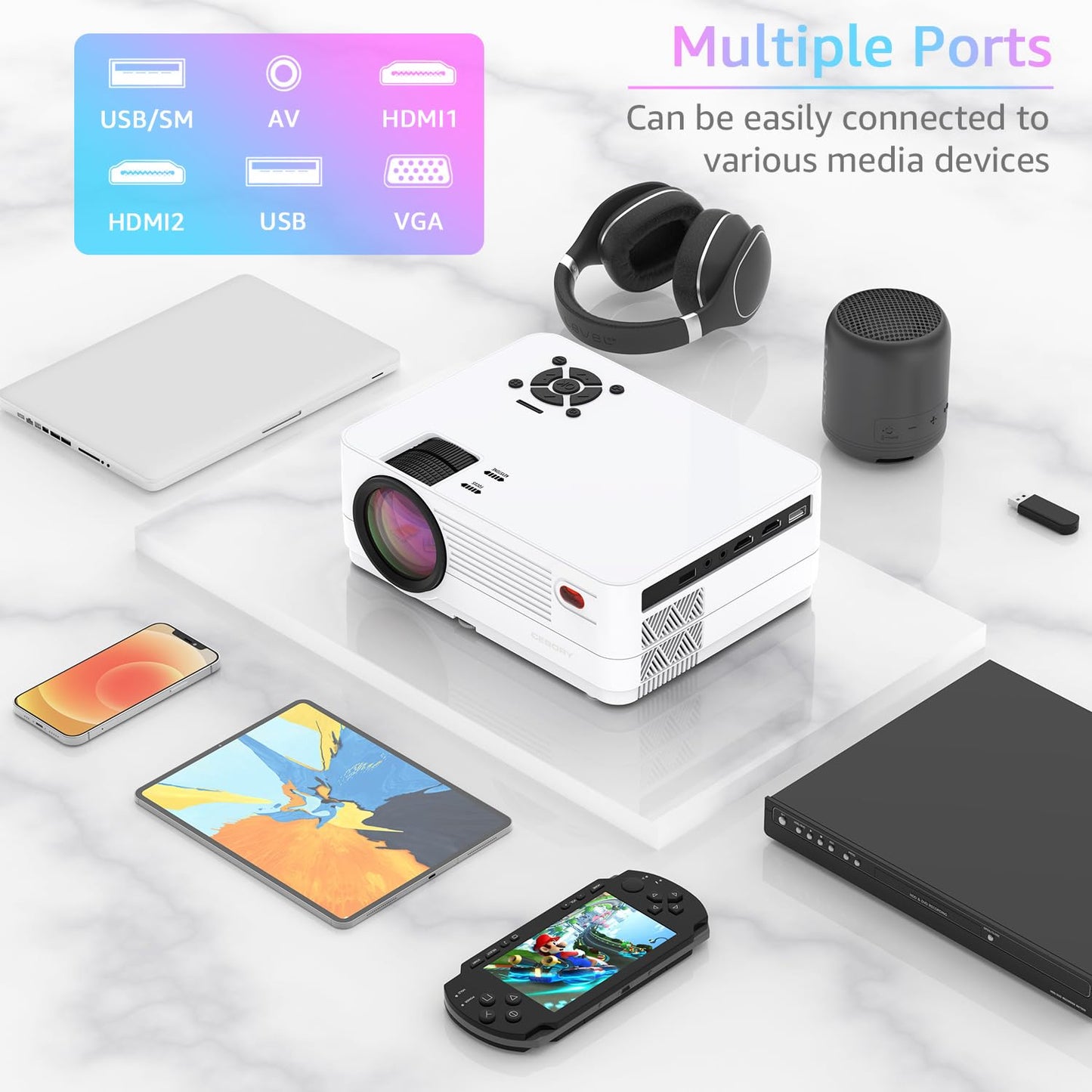Native 1080P 5G WiFi Bluetooth Projector, CEBORY 15000LM Full HD Movie Projector (Carrying Bag Included), 300" Display 4k Portable Outdoor projector, Home Theater for Phone/Laptop/TV Stick/Game, White