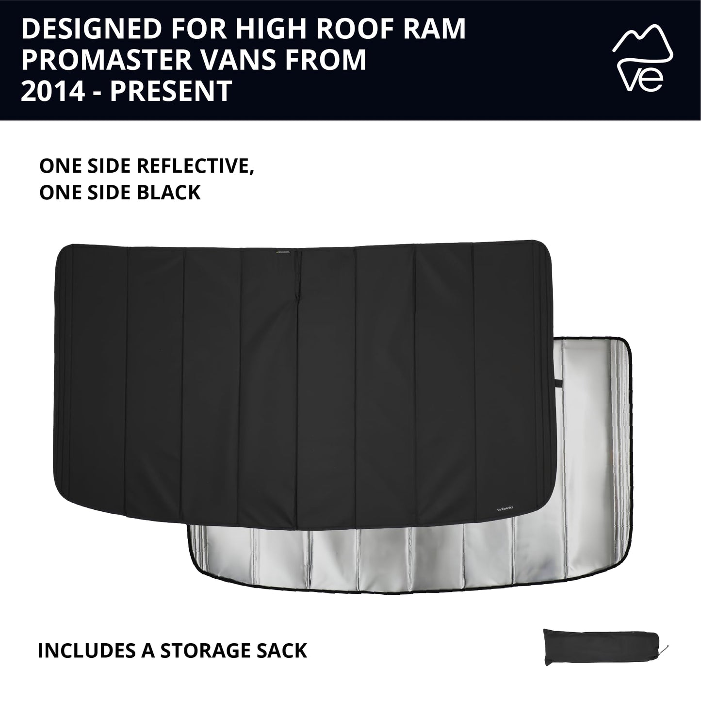 VanEssential Insulated Reflective Blackout Front Windshield Cover Designed for RAM Promaster Van Years 2014 to Current Model - Black Reflective