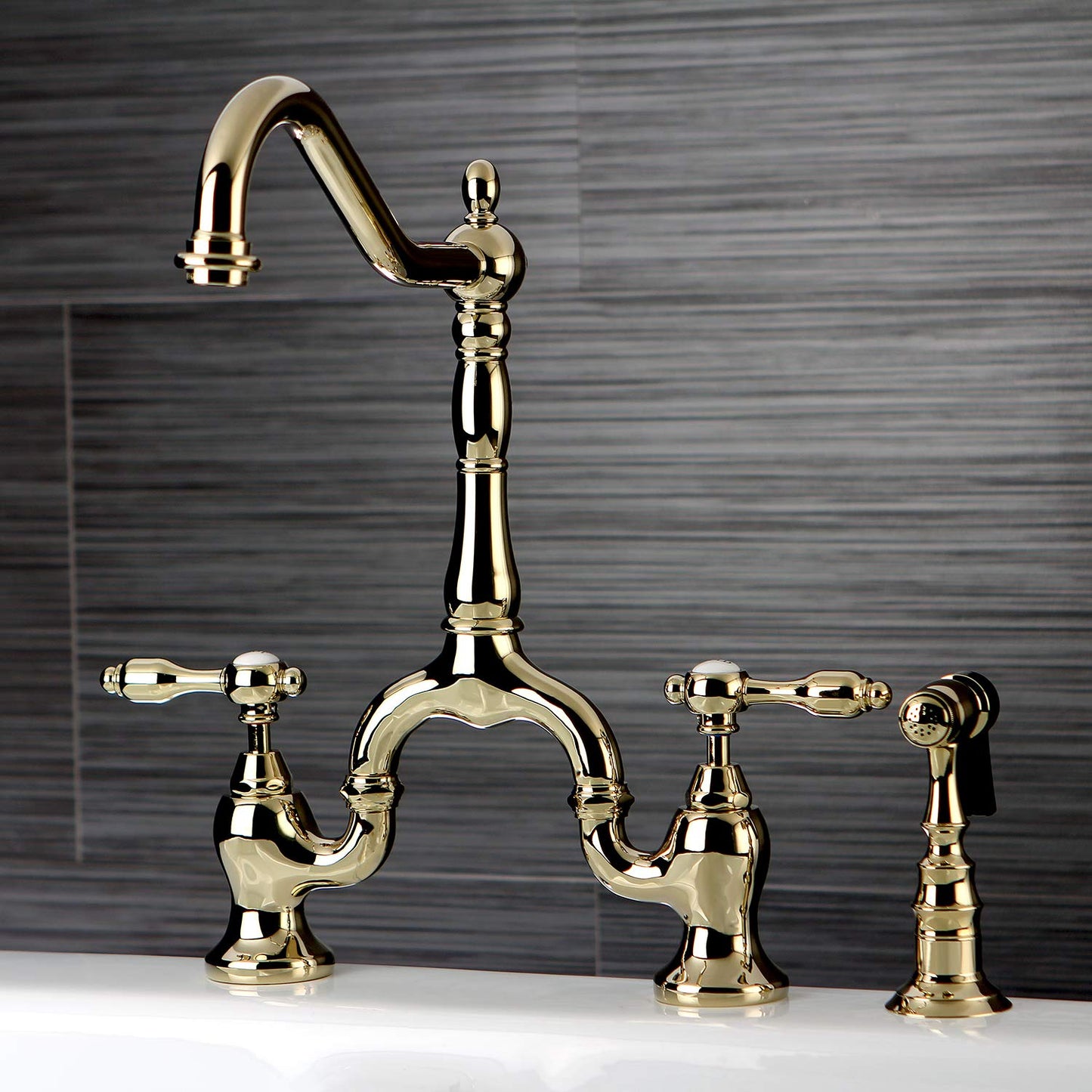Kingston Brass KS7752TALBS Tudor Bridge Kitchen Faucet, Polished Brass, 13.88 x 8.25 x 14.5