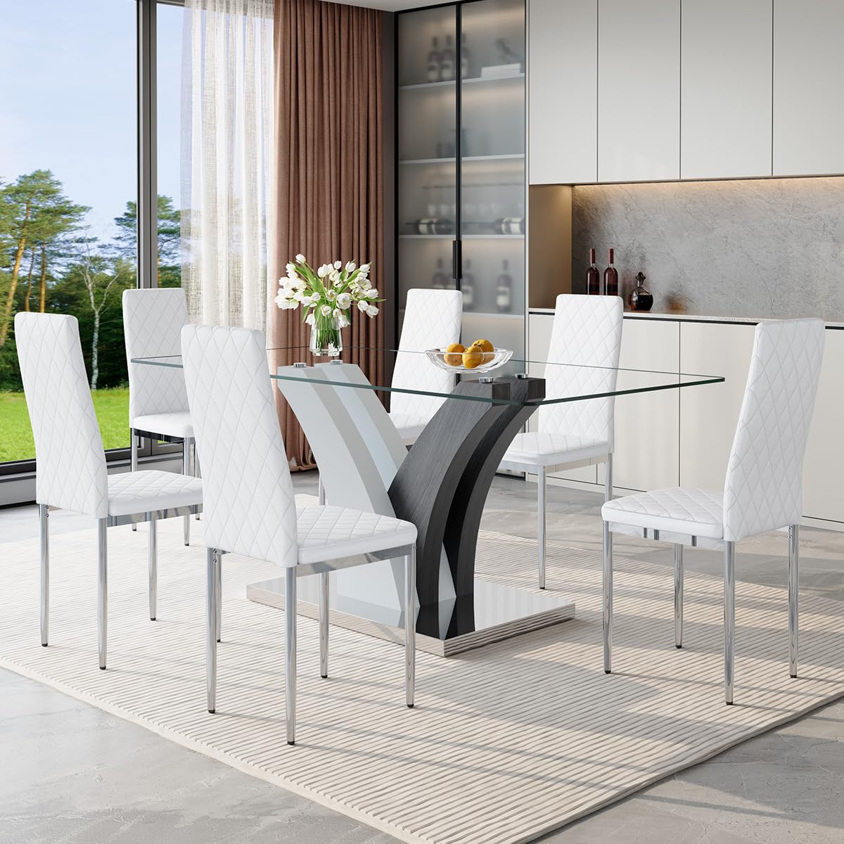 JEARGE Glass Dining Table Set for 6, 7 Piece Dining Room Table Set for 6, 71" Large Kitchen Table Set with Upholstered Chairs, Rectangular Tempered Glass Tabletop with DIY Style Leg