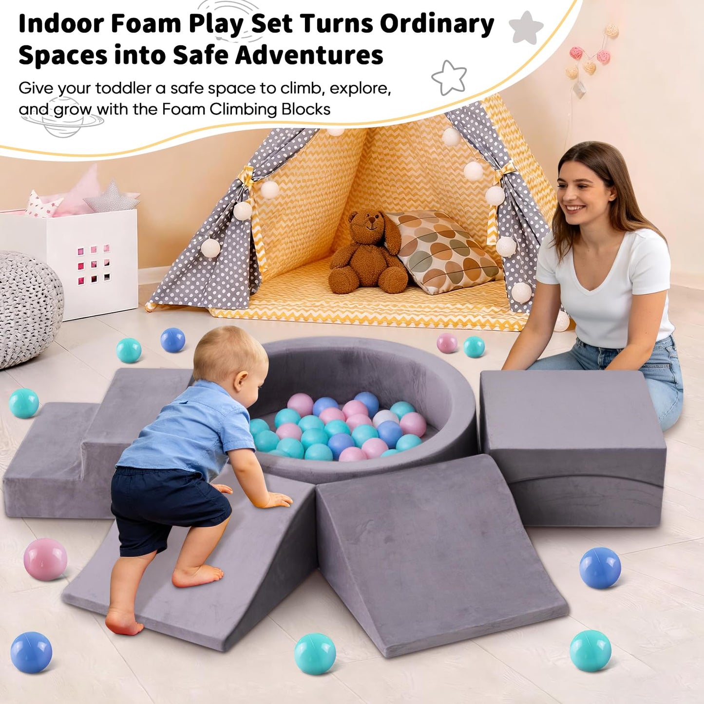 Toddler Climbing Toys Indoor for 1-3, Baby Foam Climbing Blocks with Ball Pit, Climbing Toys for Toddlers 1 Year Old, Baby Soft Play Set Modular Crawling Sliding Play Activity (Balls Not Included)